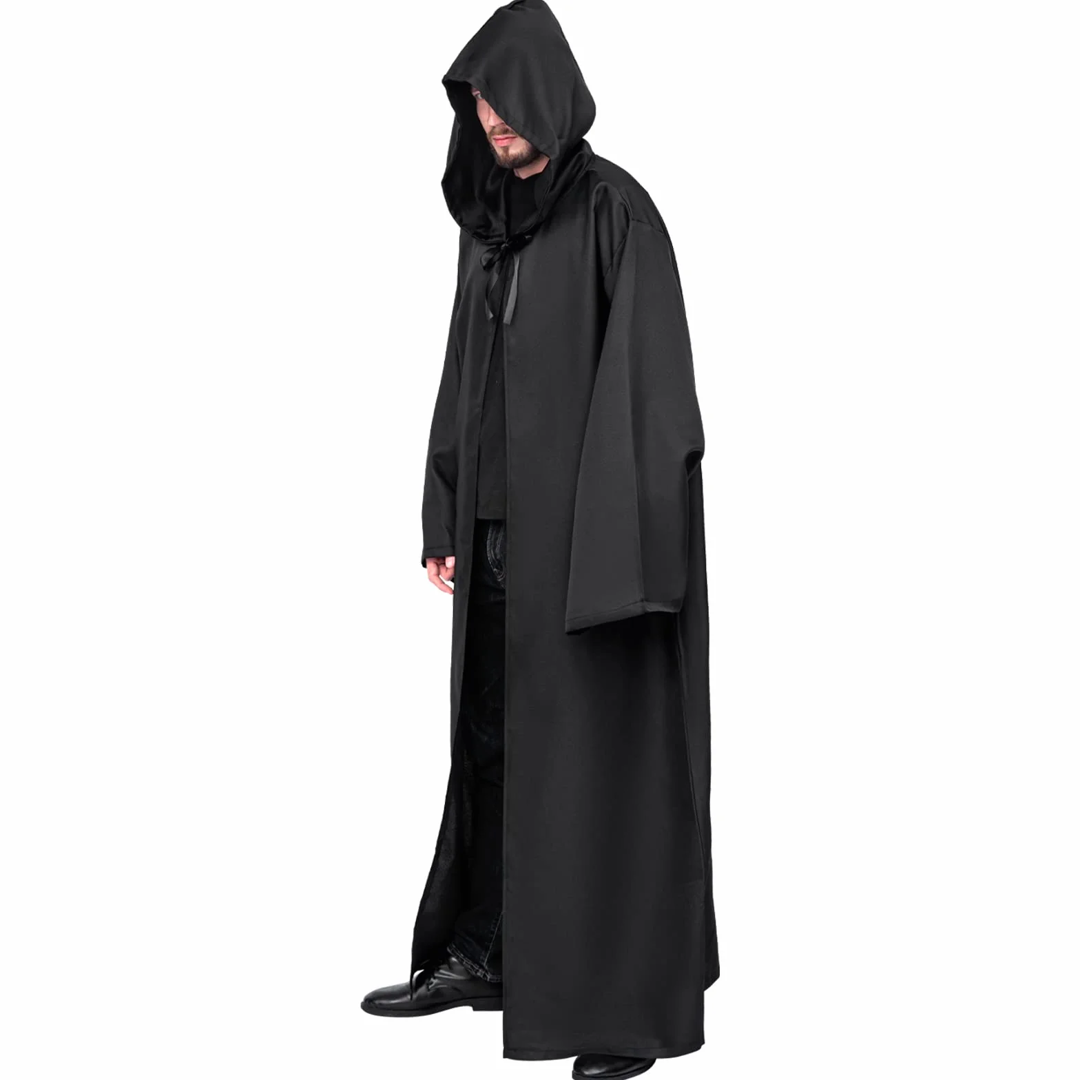 Myir JUN Męski płaszcz z kapturem, męski szlafrok na Halloween, kostium filmowy, rycerz, tunika, peleryna dla dorosłych, strój, karnawał, fantazyjne przebranie, cosplay (rozmiar XL, czarny)