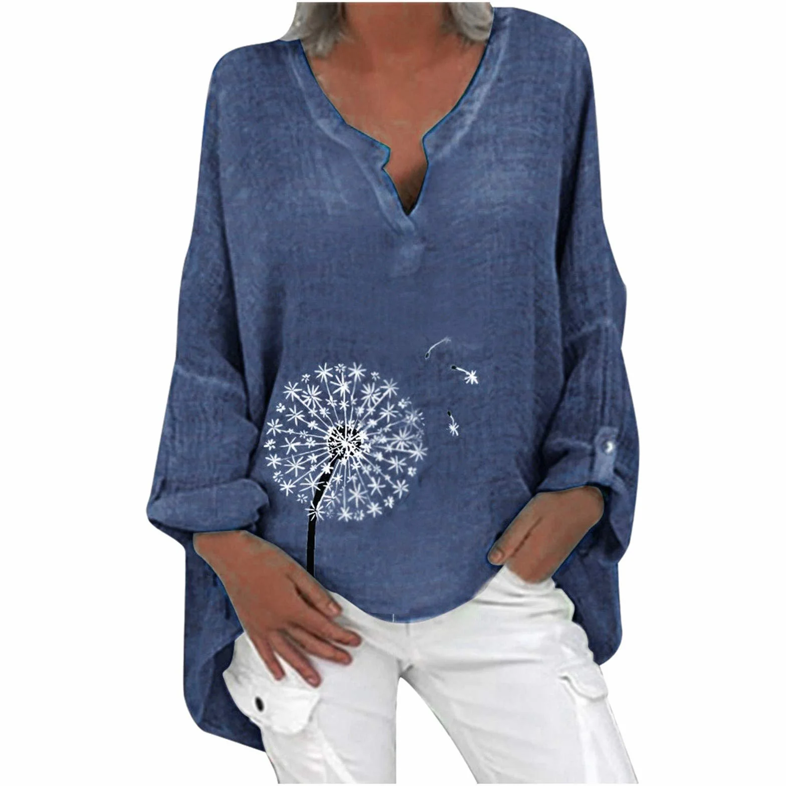 Topy plus size dla kobiet koszulki zapinane na guziki koszule plus size bawełniane lniane bluzki dla kobiet lato na co dzień dekolt w serek zwijany rękaw 3/4 tunika modne topy lniane koszule dla