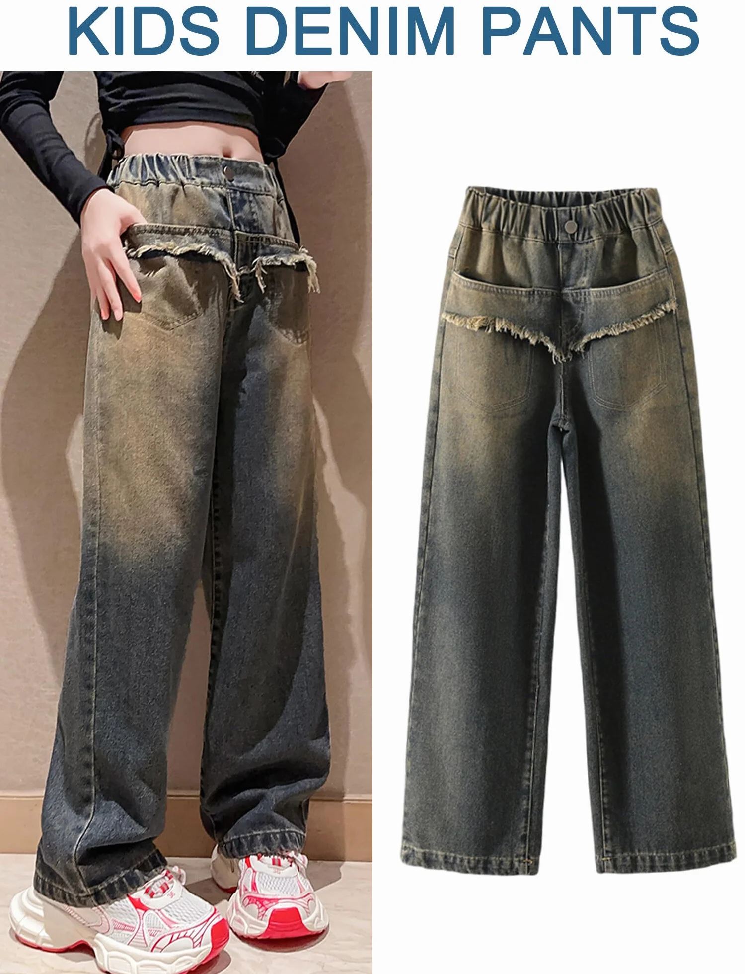 Happy Cherry Baggy Wide Leg Jeans dla dziewcząt, spodnie cargo, nastolatki, vintage, Y2k, dżinsy chłopięce, 120-170 cm