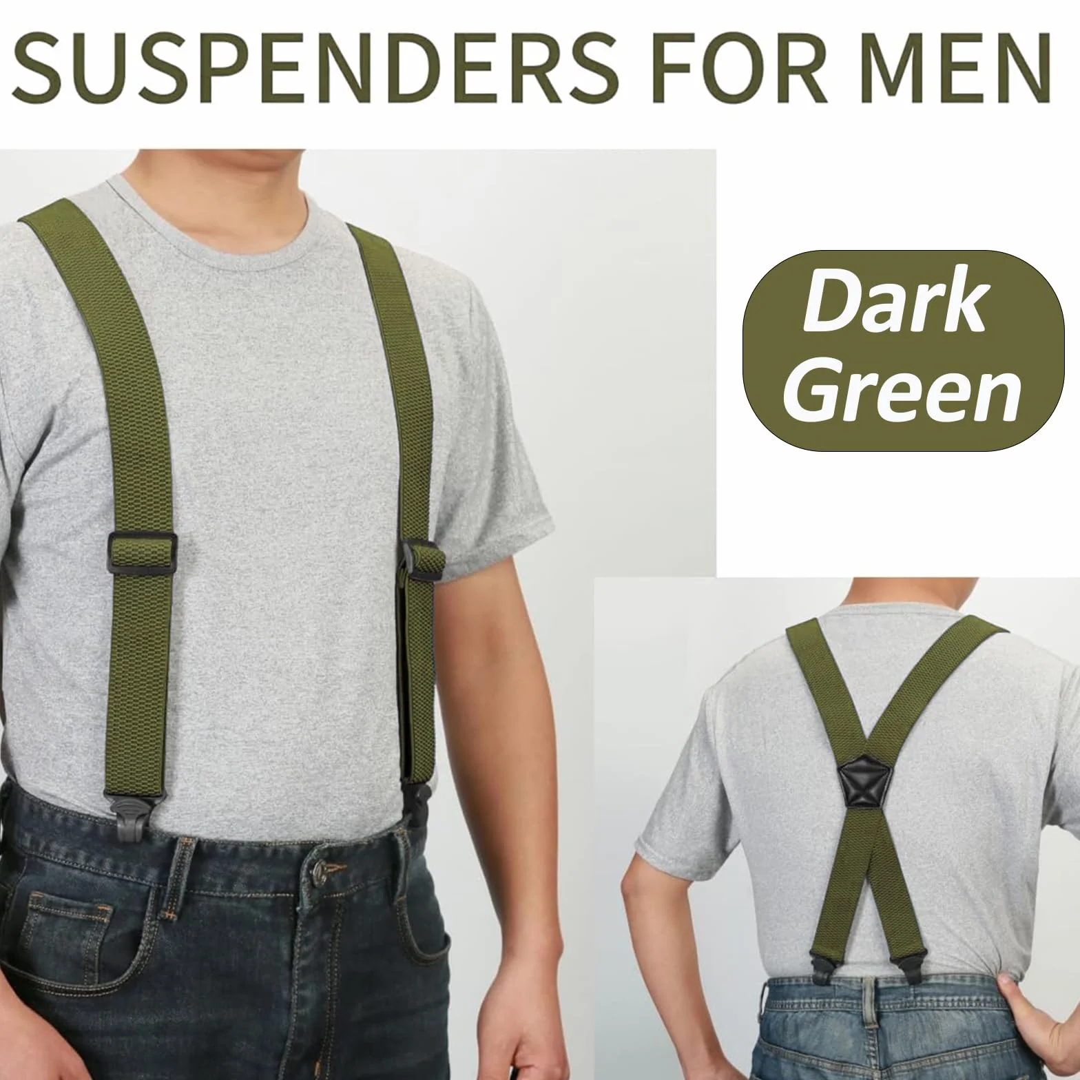 Suspenders for Men Heavy Duty 1,6 cala Wide Airport Friendly Hidden Suspenders with 4 Plastic Gripper Clasps Adjustable Elastic Braces for Casual Work X-Back ciemnozielone