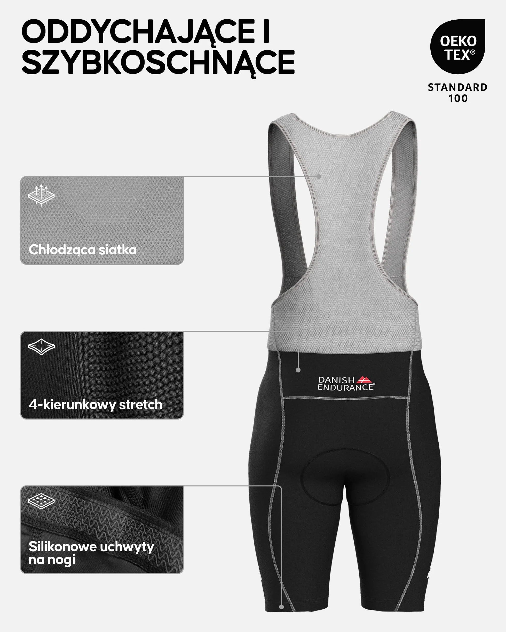 DANISH ENDURANCE Spodenki Rowerowe Męskie, na Szelkach, Szorty Kolarskie z Amortyzującą Wkładką 3D Chamois