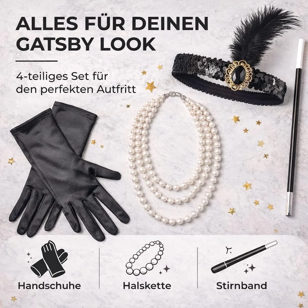TK Gruppe Timo Klingler Zestaw 20 damskich kostiumów - Charleston Accessories Great Gatsby z rękawiczkami, naszyjnik, opaska na czoło, czarna karnawał i karnawał