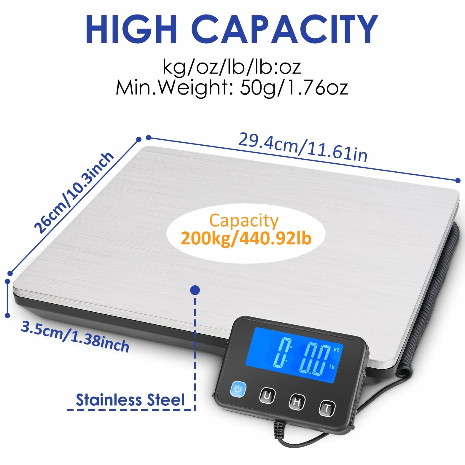 Waga paczkowa, 50-200 kg, precyzyjna cyfrowa waga platformowa, waga pocztowa z uchwytem i funkcją tary, do paczek, bagażu, platformy ze stali nierdzewnej, zewnętrzny wyświetlacz LCD
