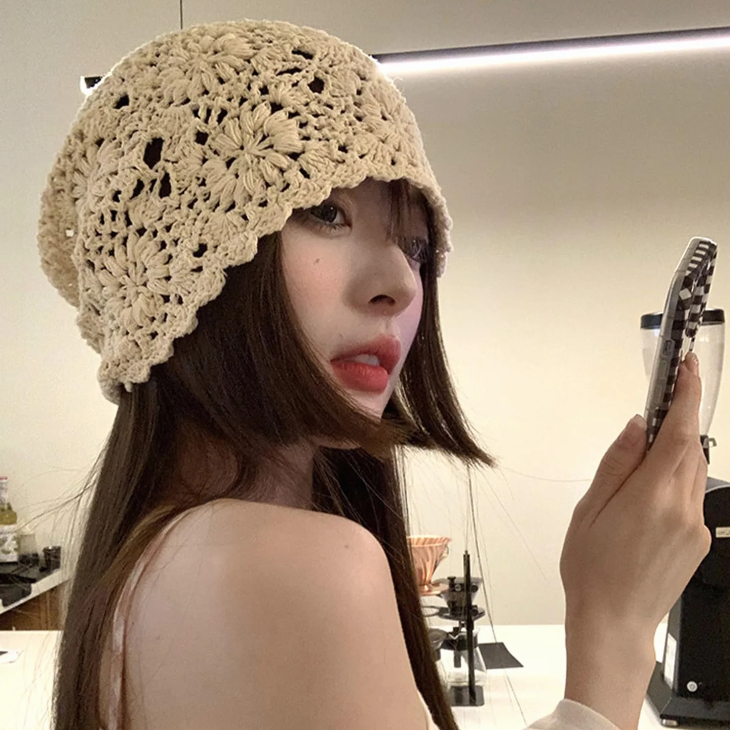 1 sztuka szydełkowa czapka bawełniana, letnia luźna czapka beanie, cienka czapka bawełniana, szydełkowa czapka, czapka damska, pasuje do różnych kształtów głowy i twarzy (beżowa)