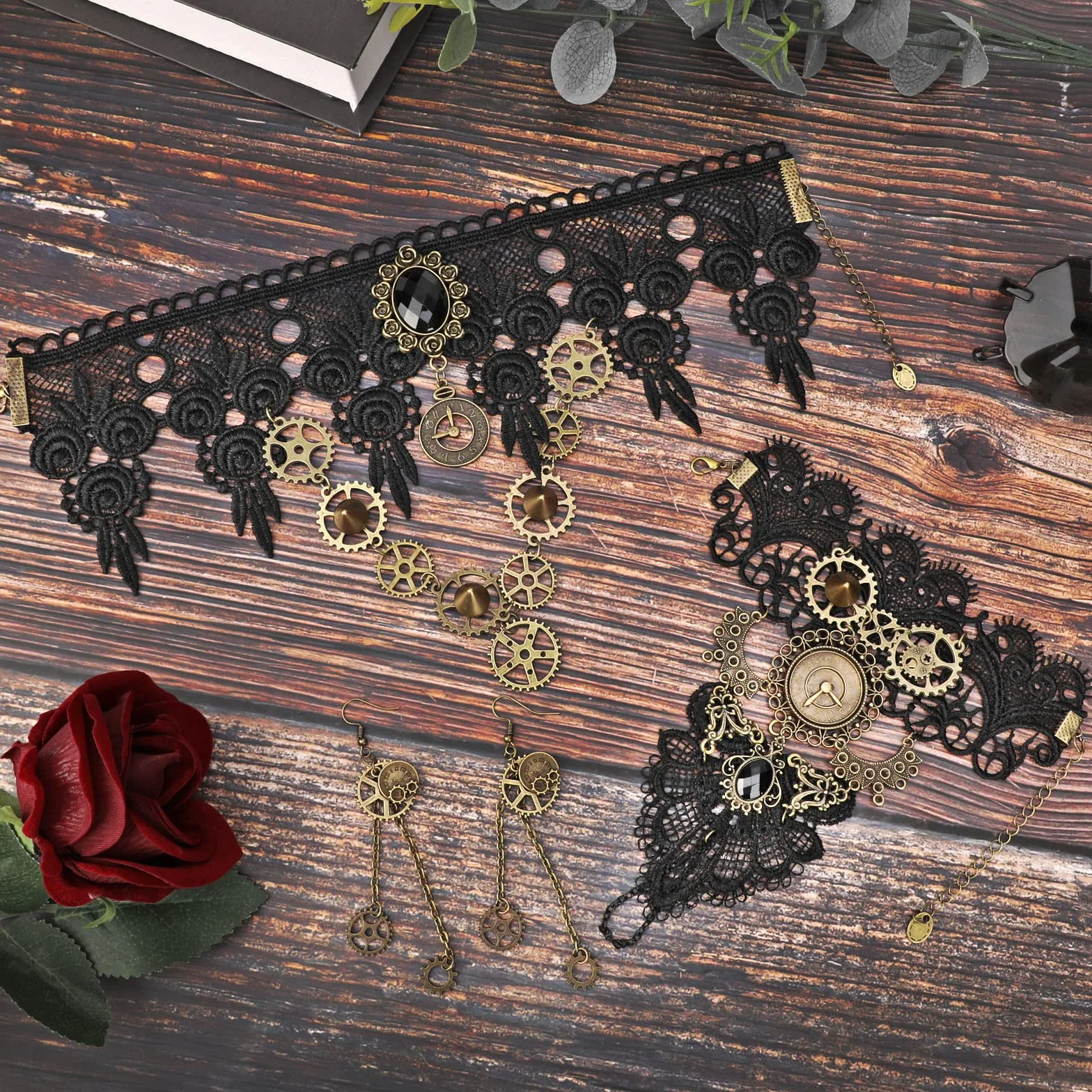 HOWAF Steampunk akcesoria Steampunk kostium dla kobiet i mężczyzn, koła zębate steampunk, naszyjnik koronkowy, gotycki choker, naszyjnik, bransoletki, steampunk, kolczyki, gotycka biżuteria, okulary,