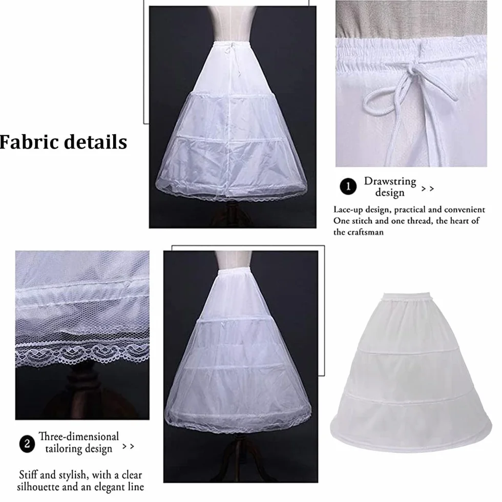 Damska halka, bawełniana halka, długa, w stylu vintage, dla panny młodej, spódniczka z 3 pierścieniami, regulowana, sukienka ślubna, sukienka balowa, biały, Einheitsgröße Kurz