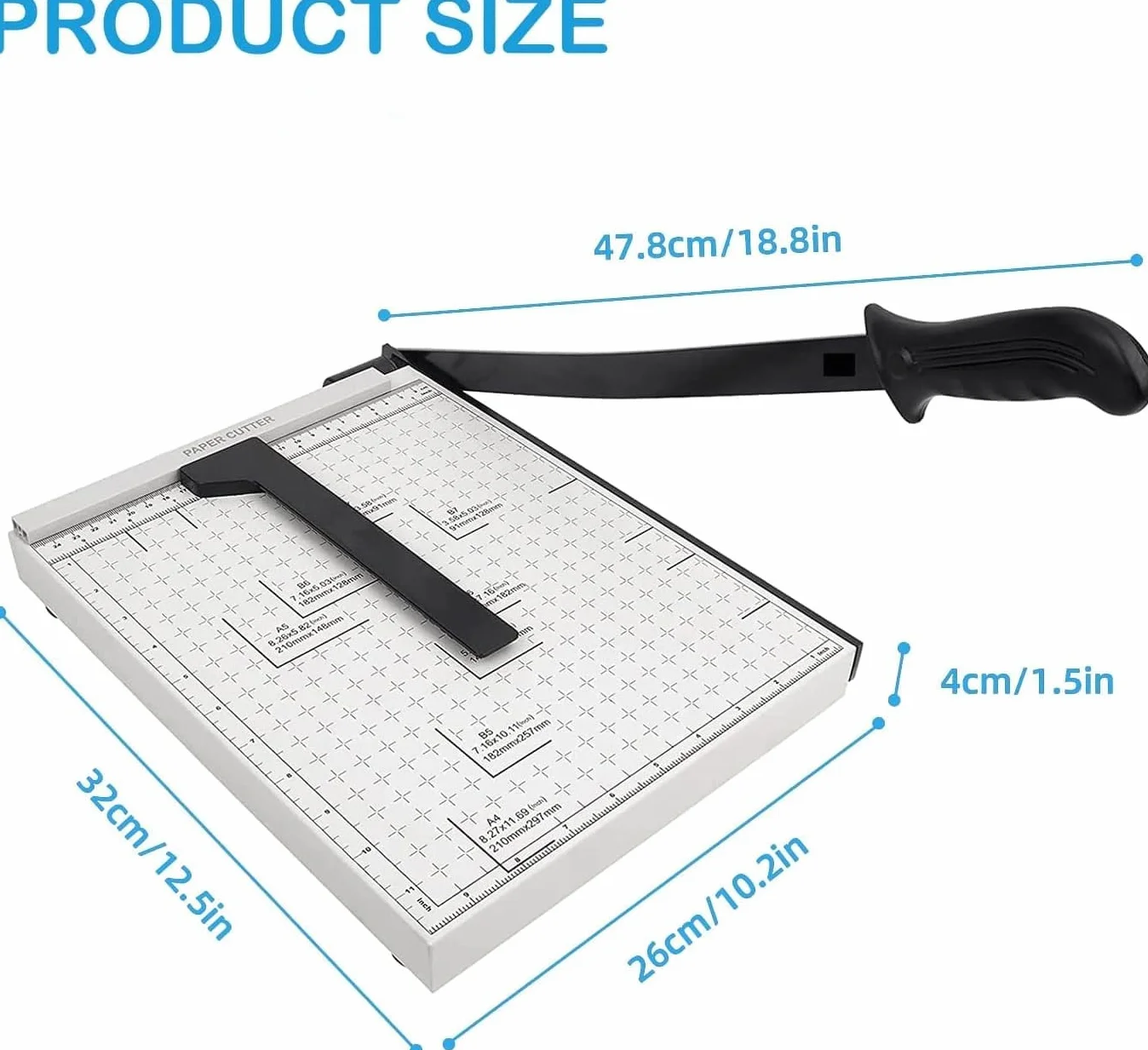 Przecinarka do papieru A3-B7, 300-485 mm, długość cięcia, gilotyna, do kartonu, metalowa podstawa, z blokadą ostrza bezpieczeństwa i podwójną prowadnicą, pojemność 10-12 arkuszy (biała, 300 mm)