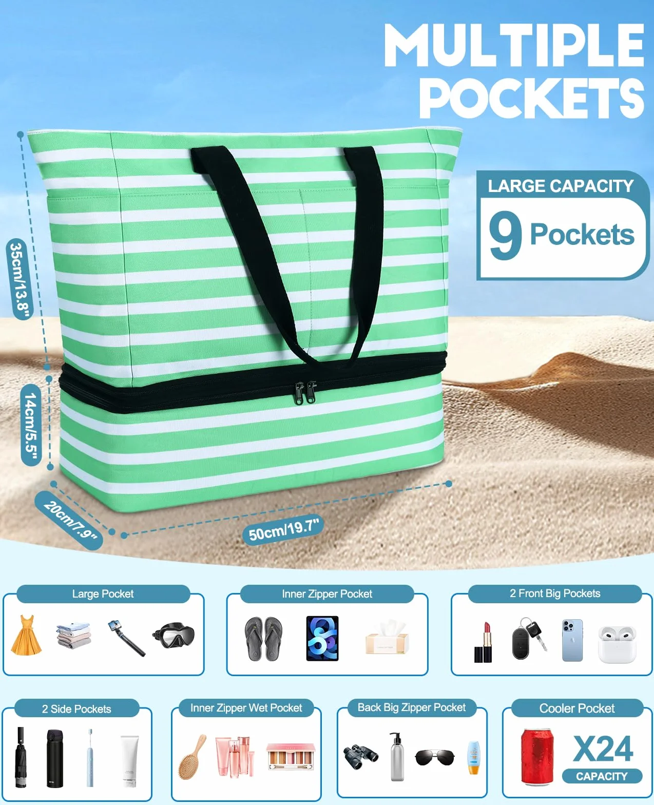 ISEYOU Torba plażowa XXL z torbą chłodzącą, duża torba plażowa z zamkiem błyskawicznym, wodoszczelna, odporna na piasek, torebka damska, 49 l, składana torba kąpielowa, na urlop, podróż, do studia