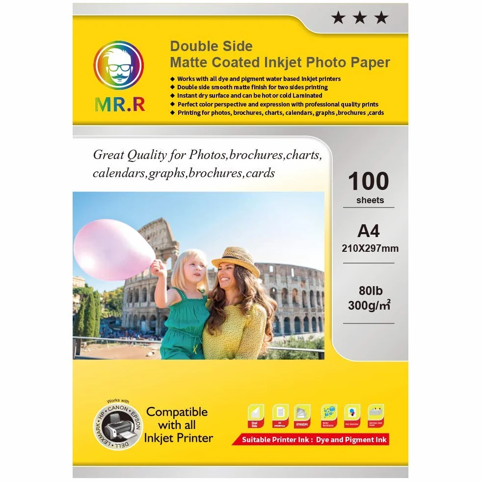 MR.R 300 gsm / m2 A4X100 Arkusze papieru fotograficznego Podwójnie matowy papier fotograficzny Natychmiastowe wysychanie Wodoodporny Jasny biały do drukarek atramentowych