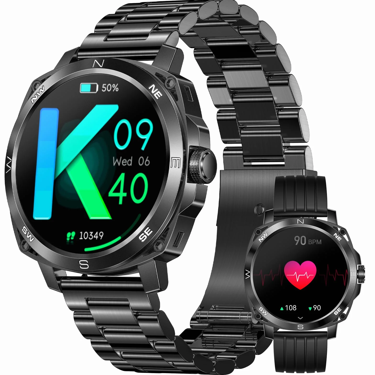 Smartwatch męski, okrągły zegarek, telefon, ekran dotykowy HD 1,5", wodoszczelność IP68, pomiar tętna, snu, zdrowotny, krokomierz, system