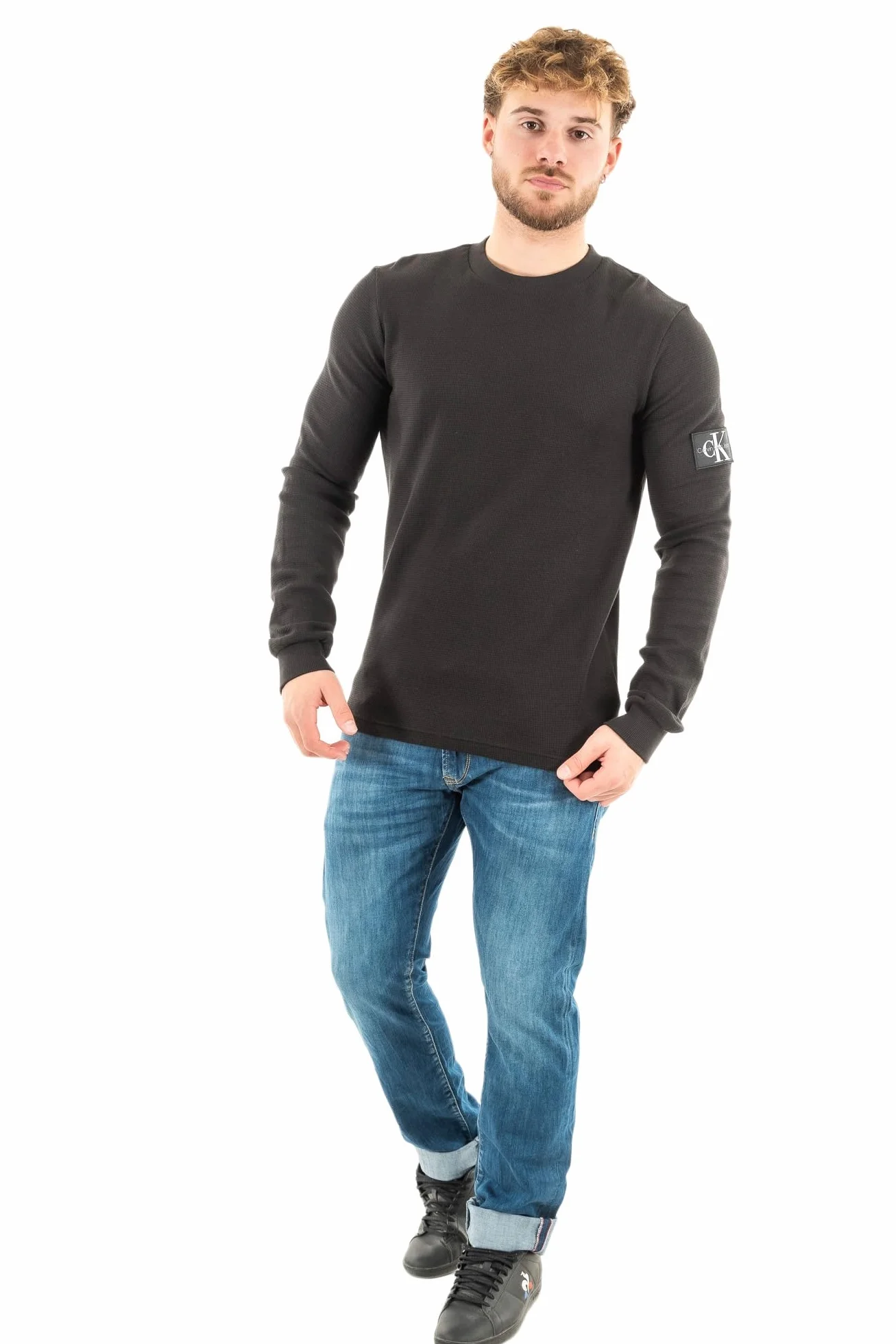 Calvin Klein Męskie dzianinowe topy L/S, Czarny, M