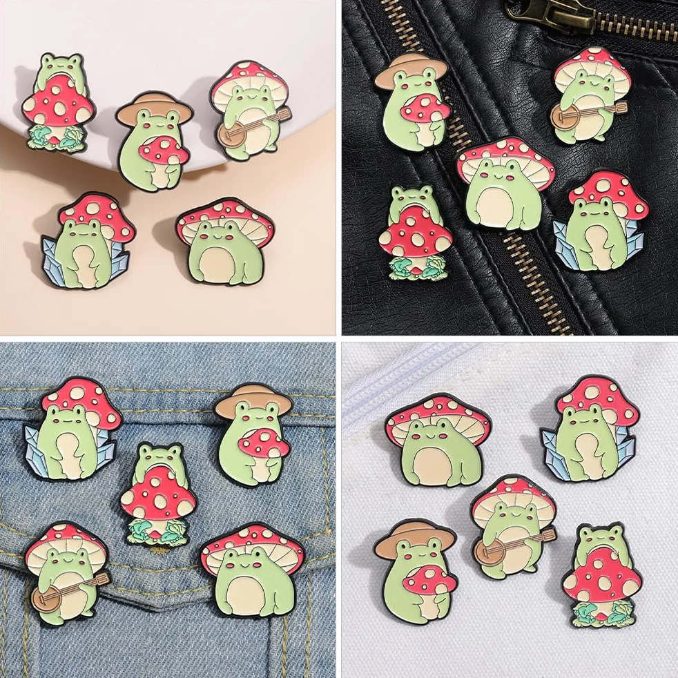PACKOVE 5 Szt. Broszka z Grzybem Żaba Przypinka Kreskówka Śliczna Zwierzę na Ubrania Kapelusz, 3.00X2.80X1.00CM, Cynk, No Gemstone
