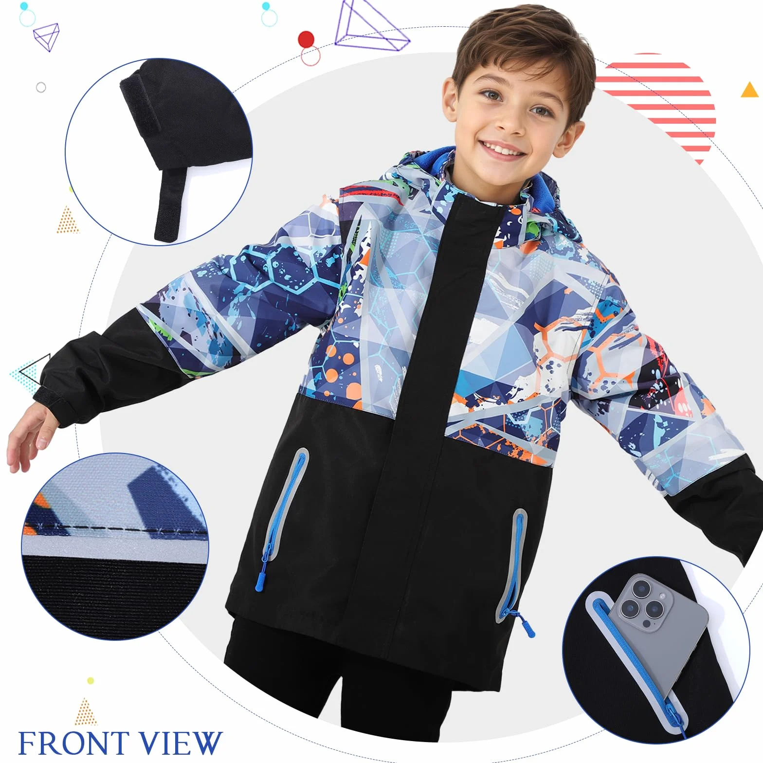 BWBIKE Colorblock Children's Waterblock Lightweight Windbreaker Jacket Outdoor Windbreaker Jacket Fleece Lined