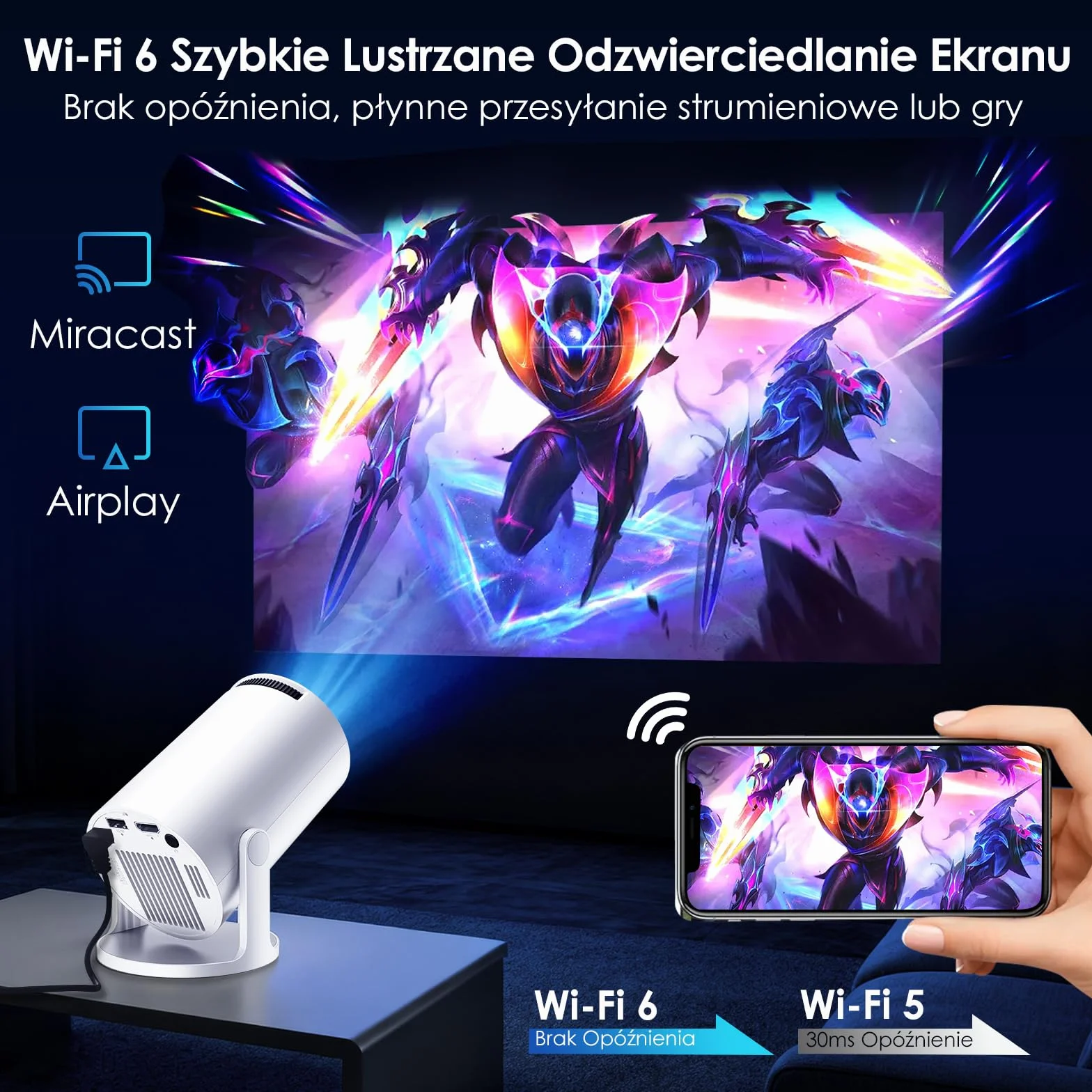 Wbudowane aplikacje i Android 11.0: przenośny projektor WOLFANG 20000 luksów 4K obsługiwany obrót o 180° i automatyczny keystone, kompatybilny z TV Stick/Windows/iOS/Android/HDMI/USB (1080P)