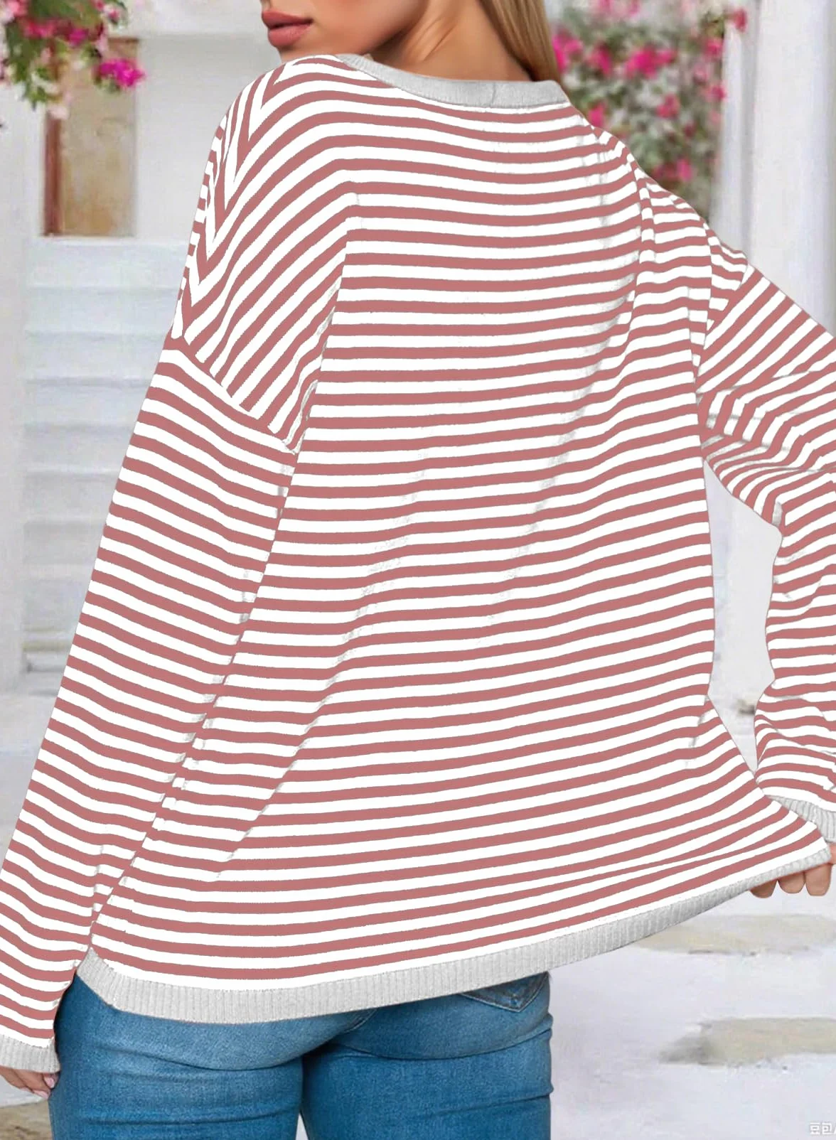 Cuptacc Sweter Damski w Paski, Bluza z Długim Rękawem, Okrągły Dekolt, Bawełna, Na Co Dzień, Z Dzianiny