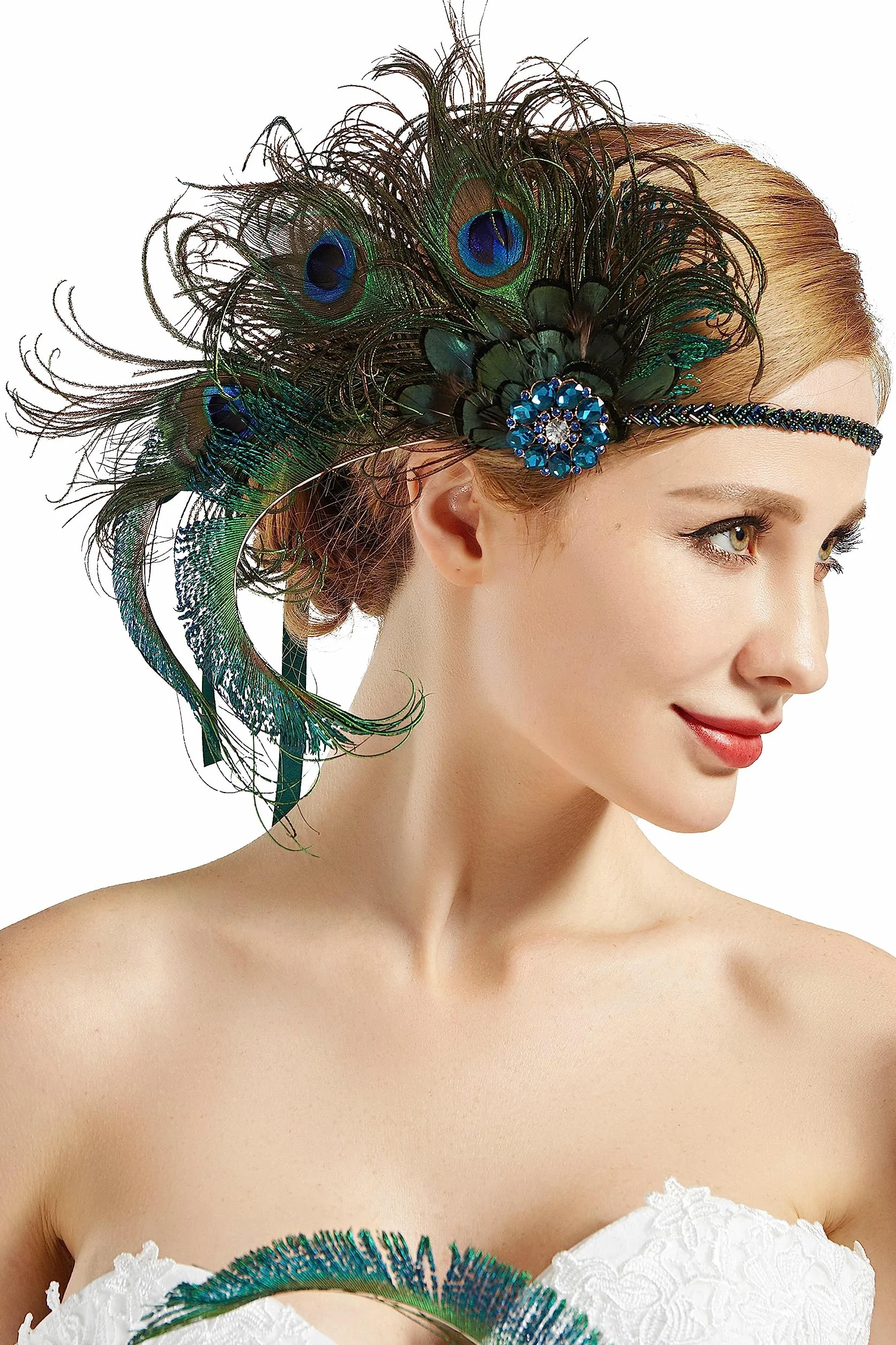 ArtiDeco Damska opaska na włosy inspirowana pawimi piórami w stylu lat 20. XX wieku, inspirowana Great Gatsby, damska opaska do kostiumu