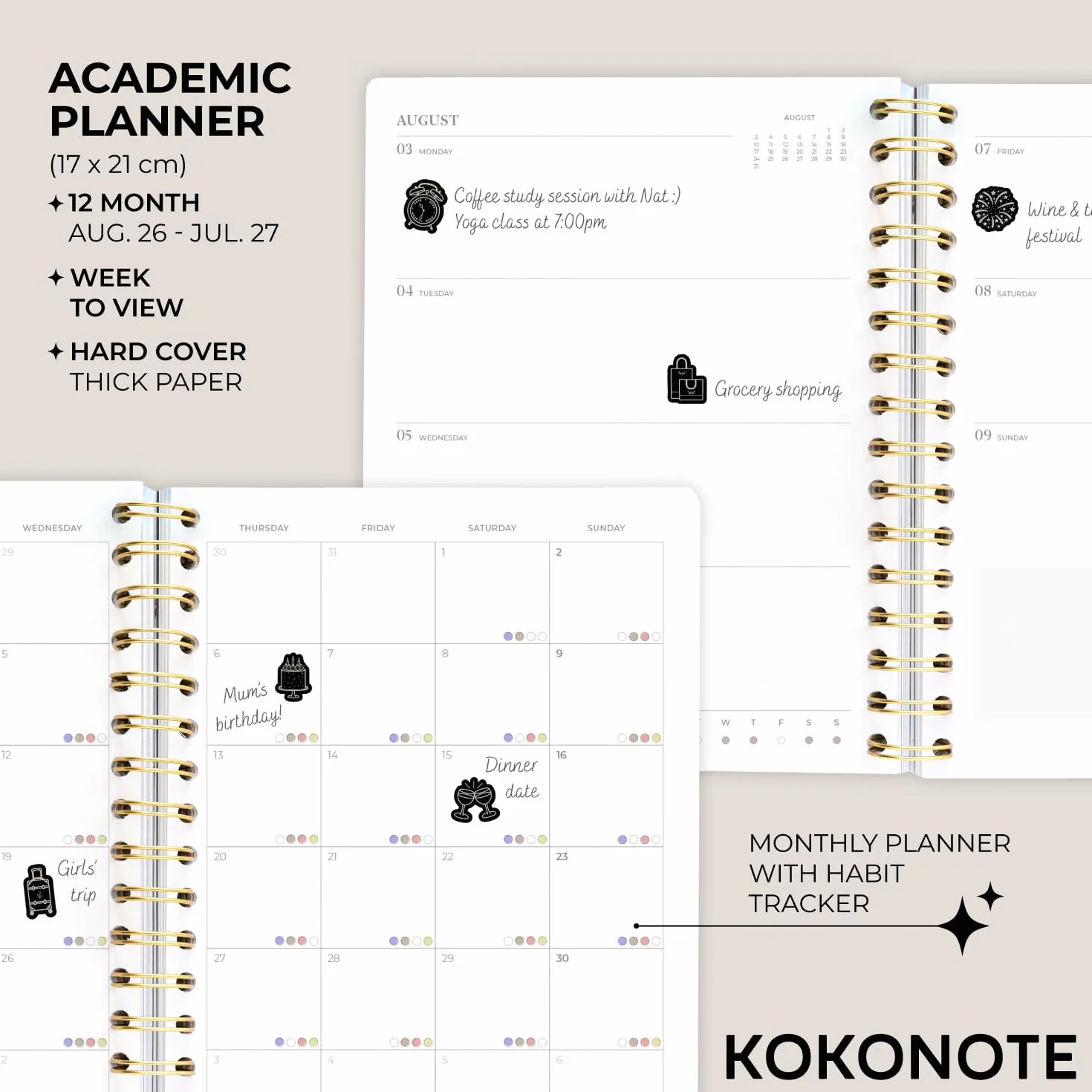 Kokonote Academic Diary 2026-2027 Week to View - Seasonal Flowers | Academic Planner 2026-2027, Mid Year Diary 2026 2027, Weekly Planner | Aesthetic Stationery Gifts