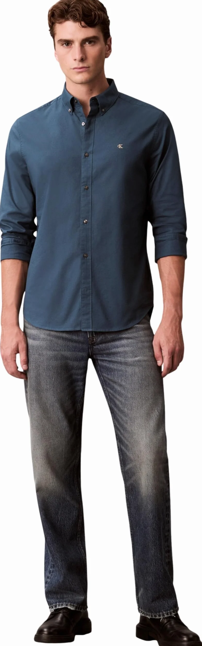Calvin Klein Męska klasyczna koszula LS Solid Oxford LV140EM125 Inne koszule, niebieski (granatowy), L, Niebieski (granatowy morski), L