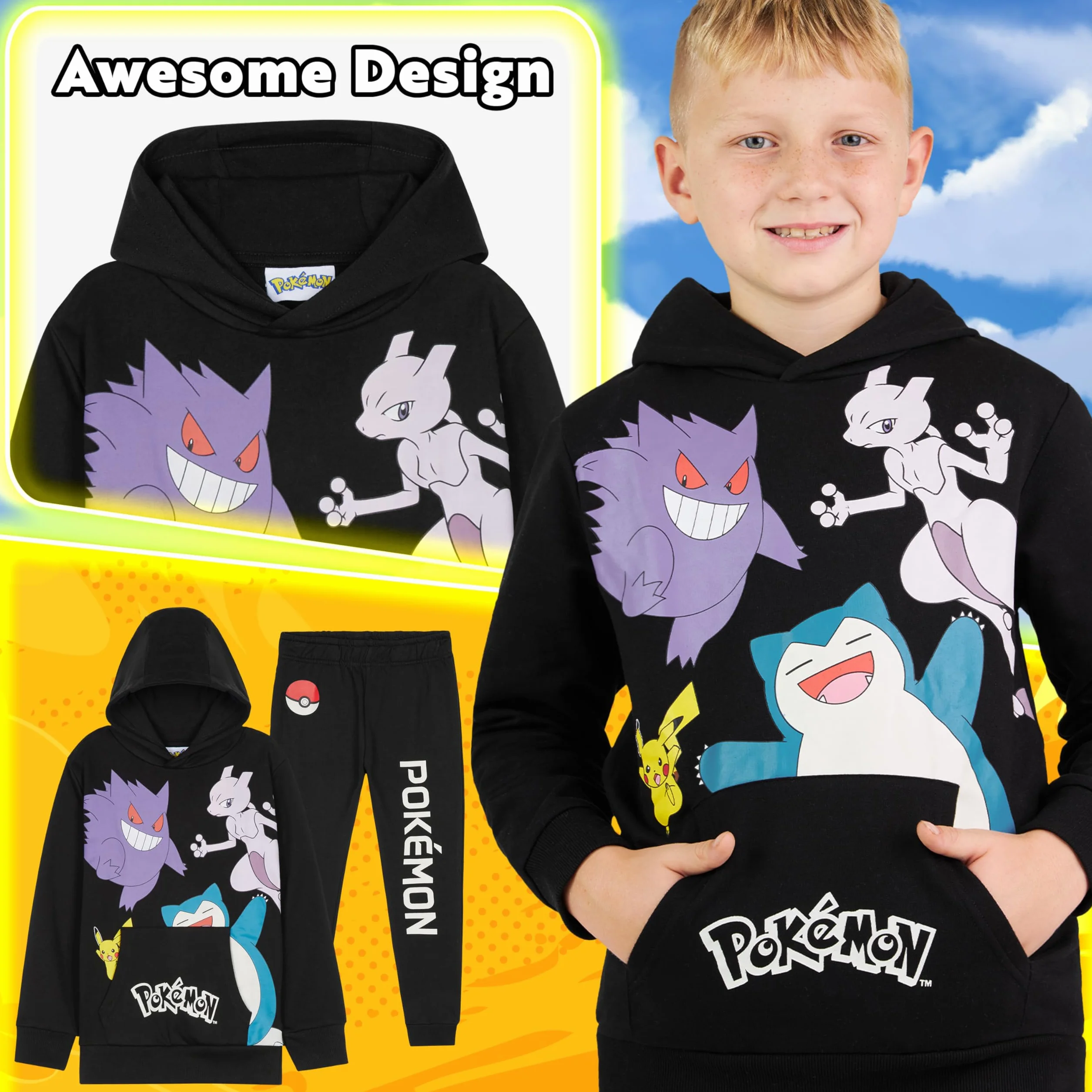 Pokemon Zestaw dresowy dla chłopców, wygodna bluza z kapturem i zestaw do biegania, prezenty dla dzieci