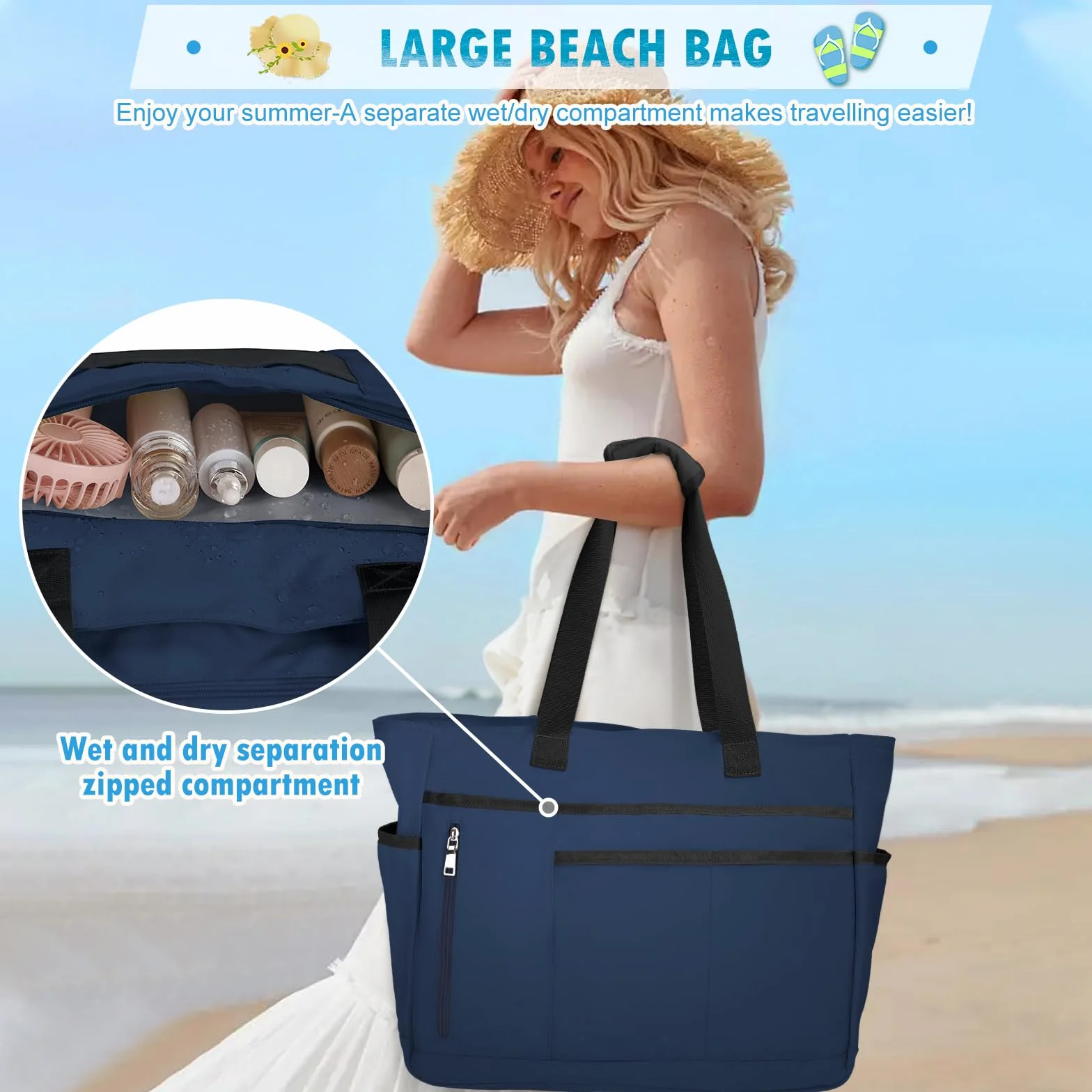 RAINSMORE Torba plażowa XXL, rodzinna torba kąpielowa, z zamkiem błyskawicznym, duża, damska, wodoszczelna, z siateczki, 40 l, damska torba do pływania, na plażę, podróże