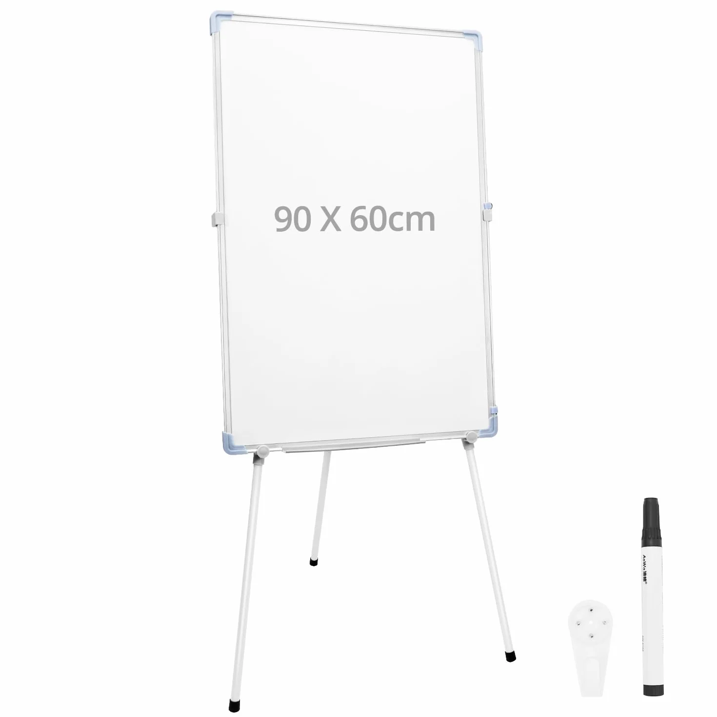 QWORK® Stojak na flipchart, 90x60 cm, Stojak na flipchart o regulowanej wysokości, tablica do suchego czyszczenia z 5 piórkami, 1 gumka do tablicy, 2 nietłuczące się gwoździe