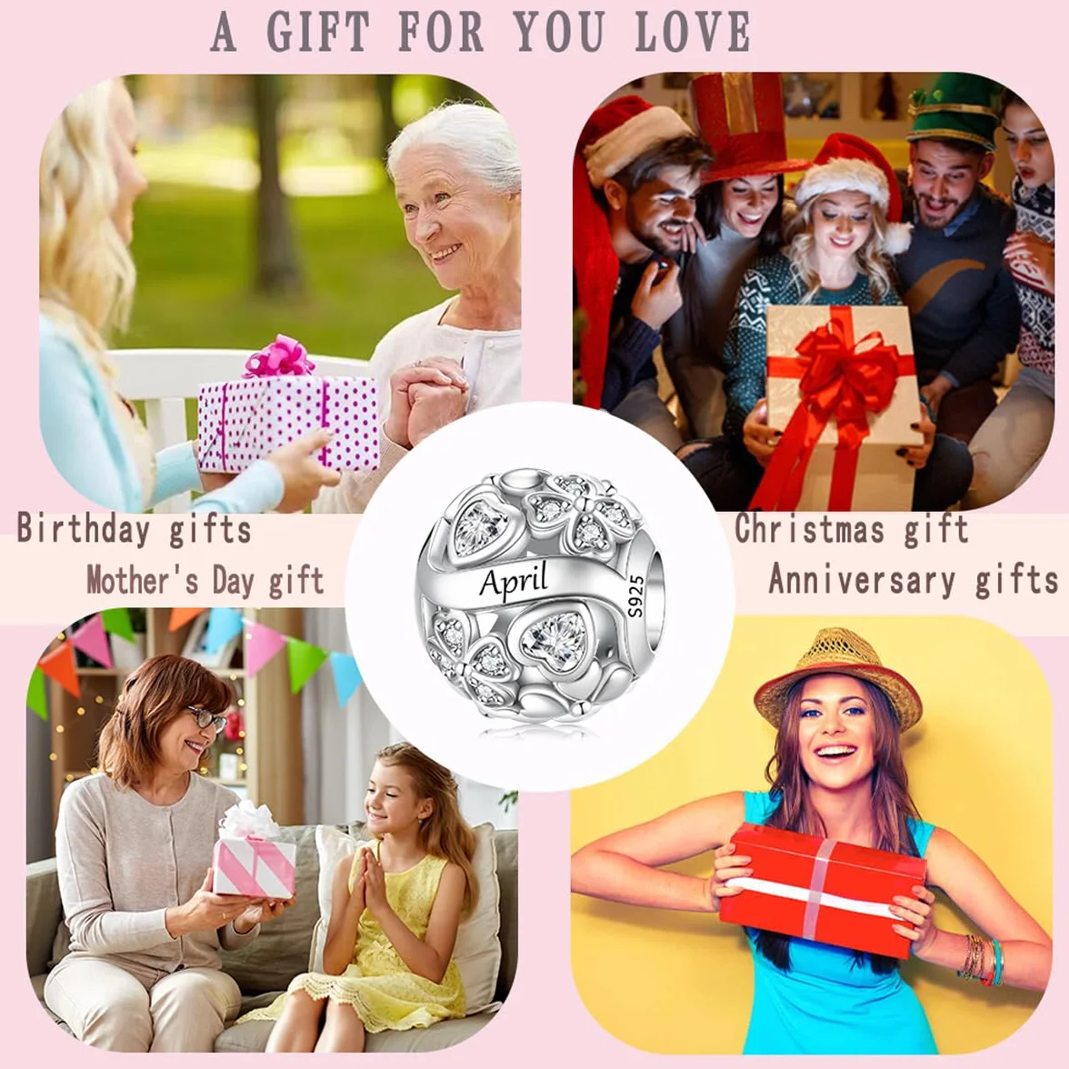 LNQOBU Birthstone Charms do bransoletek Pandora, srebro wysokiej próby 925, zawieszka w kształcie serca w kształcie serca, prezent urodzinowy dla kobiet