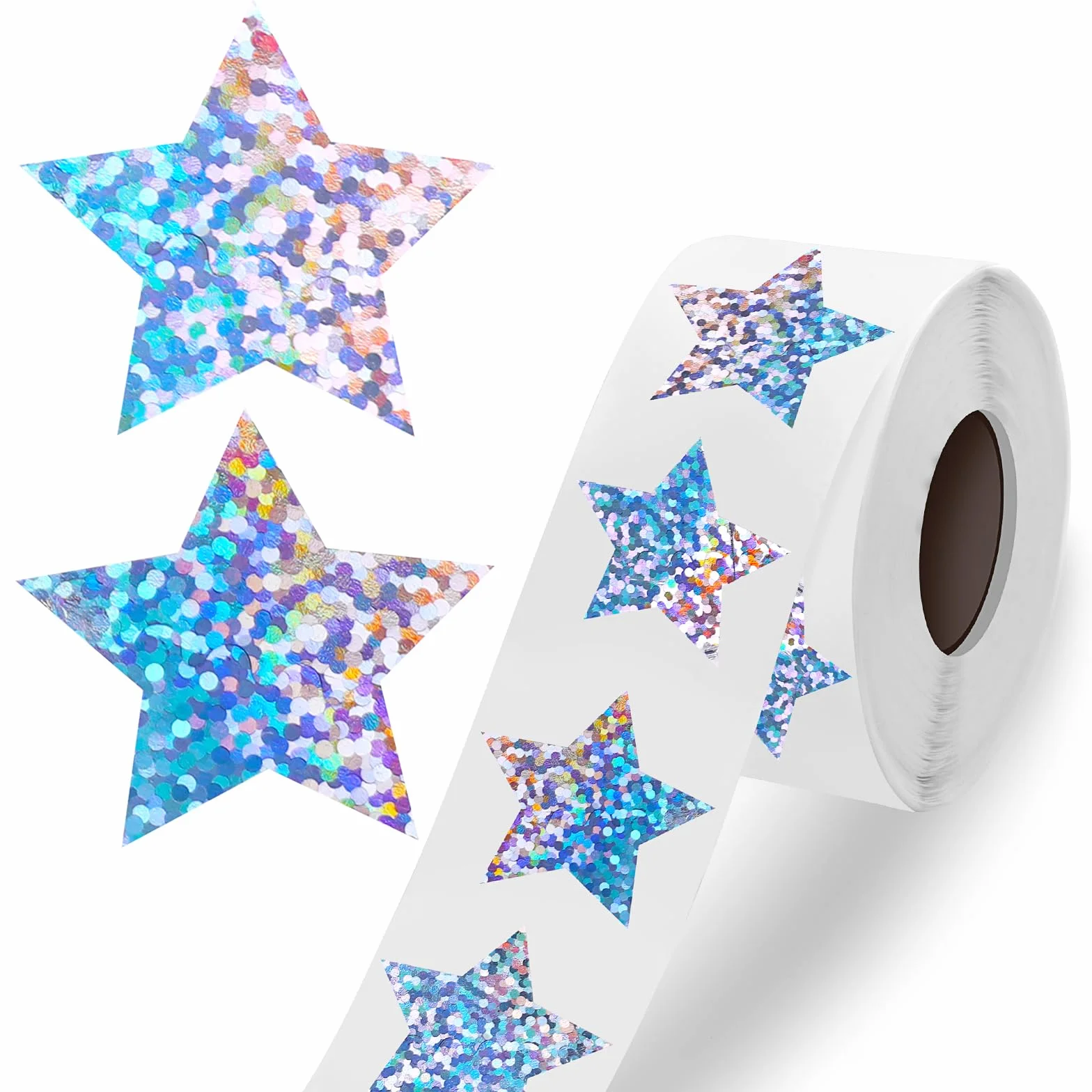 TIESOME 500 szt. holograficznych brokatowych naklejek z gwiazdami dla dzieci, nagroda, 2,5 cm, foliowe małe gwiazdki, metaliczne naklejki w rolce, samoprzylepne naklejki odblaskowe na ścianę,