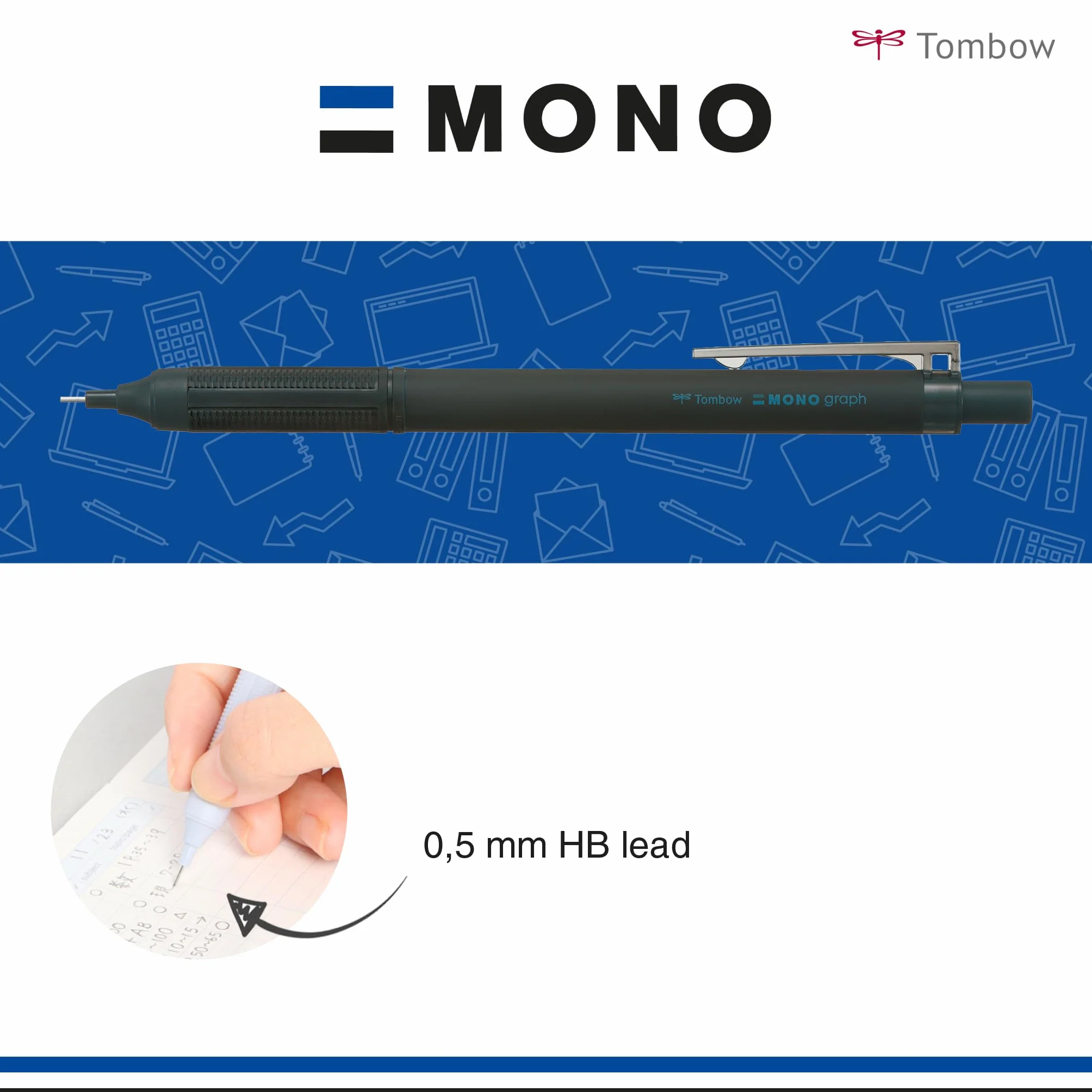 Tombow Ołówek mechaniczny MONO graph Lite czarny, precyzyjna końcówka, komfortowy uchwyt, zintegrowana gumka do ścierania, do ponownego napełniania [SH-MGL14]
