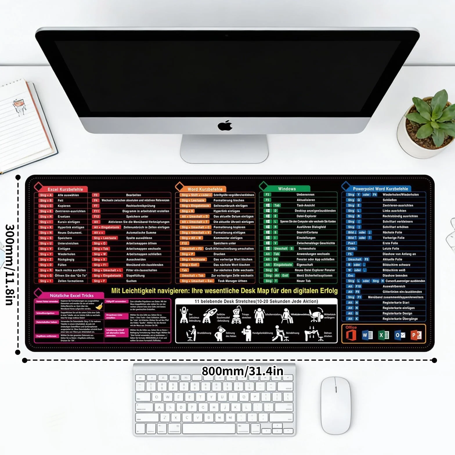 Excel Podkładka na biurko, w języku niemieckim, 80 x 30 x 0,3 cm, podkładka na biurko, duża, z skrótami, Excel, akcesoria biurowe, do biura, Word PPT, Windows