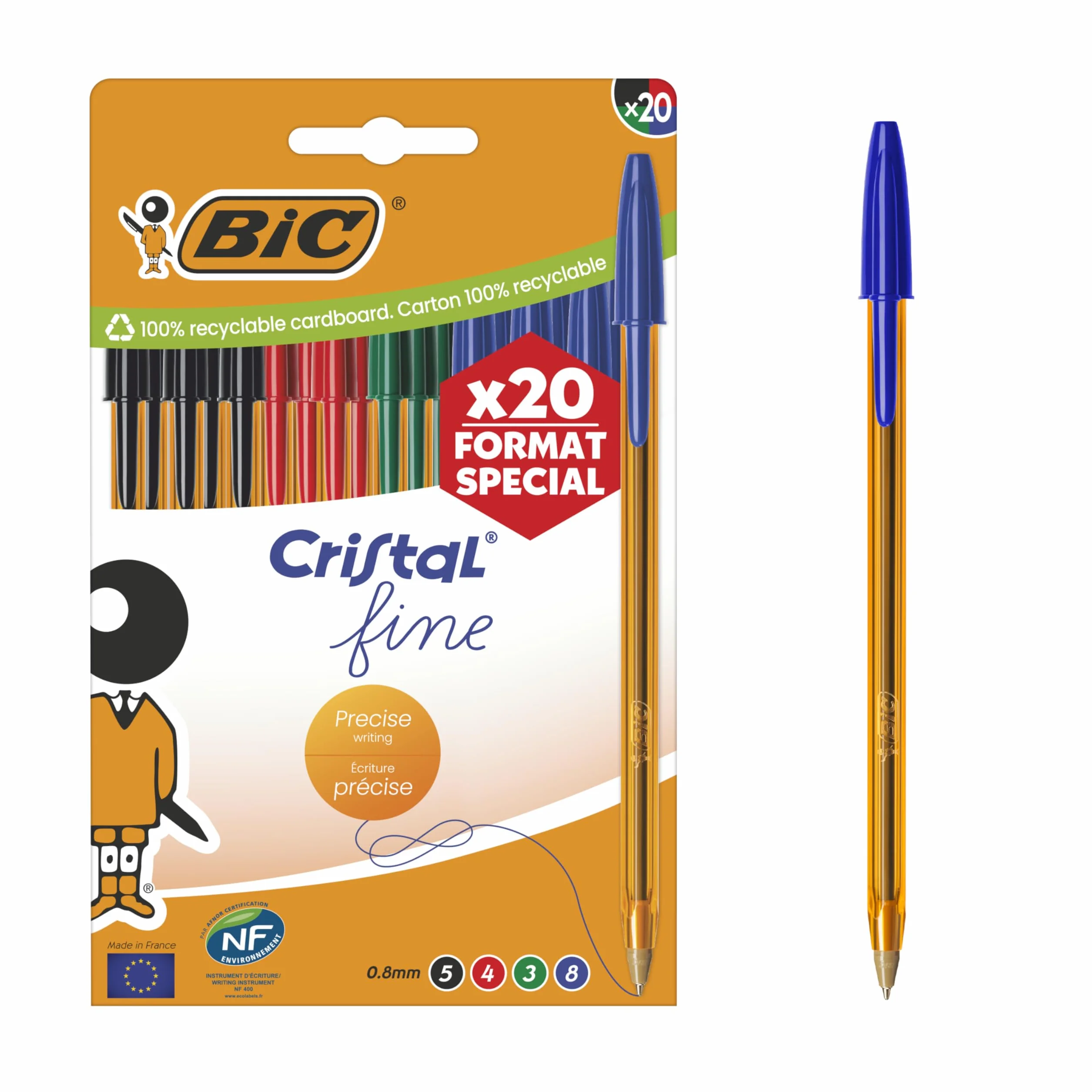 BIC Cristal Original Fine Długopisy z cienką końcówką (0,8 mm) z półprzezroczystym pomarańczowym korpusem - różne kolory, pudełko 20 sztuk