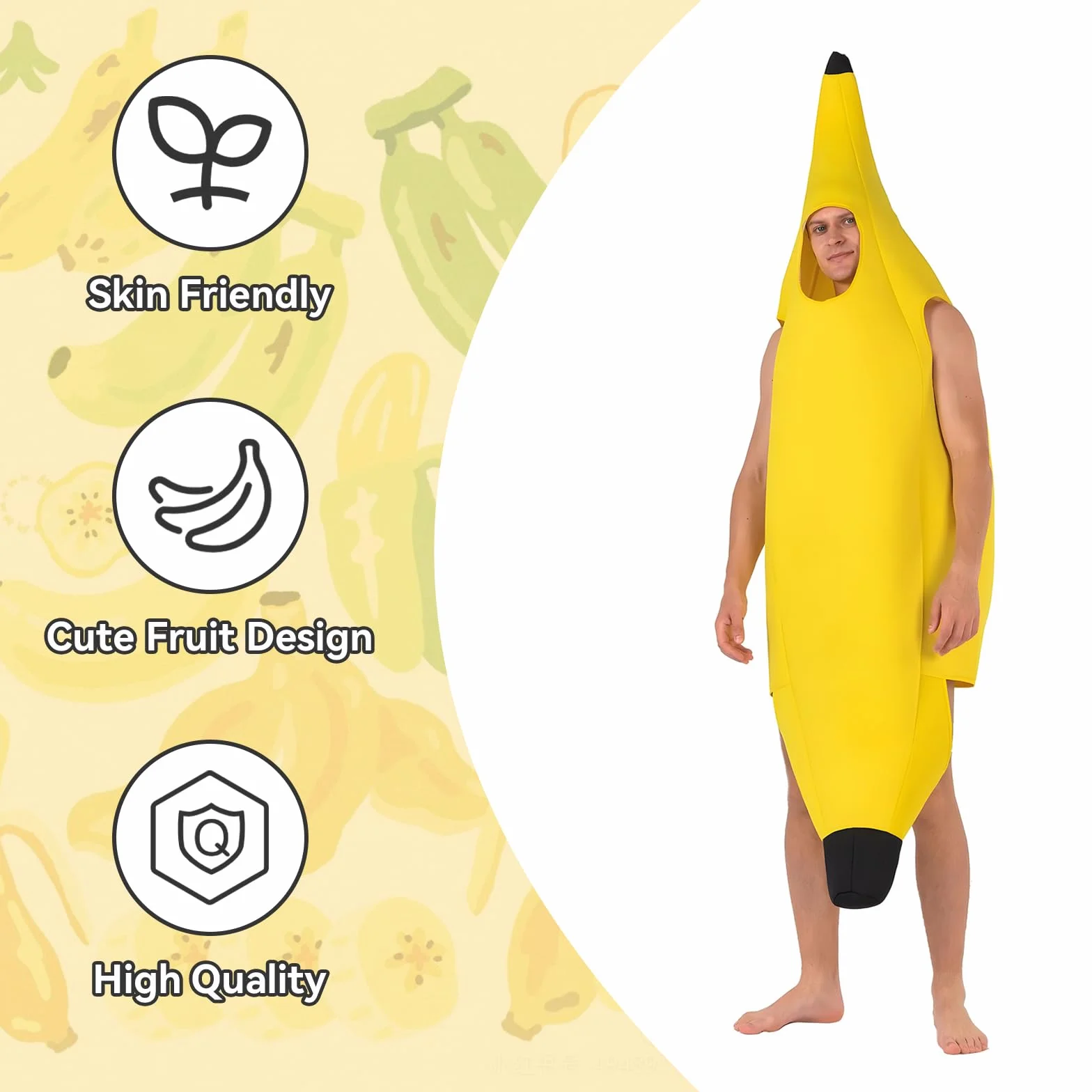 Kostium bananowy, lekki i wygodny kostium banana, zabawny kostium owocowy, rozmiar uniwersalny, łatwy do zakładania i zdejmowania, nadaje się na Halloween, karnawał, imprezę Cosplay