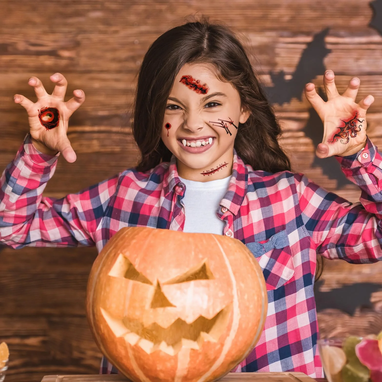 GWAWG 13-częściowy zestaw zębów wampira, na Halloween, karnawał, imprezę, kostium horroru na maskaradę, rekwizyty cosplay, 5 arkuszy tatuaży na Halloween, 4 pary kłów, 2 tubki kleju do zębów w
