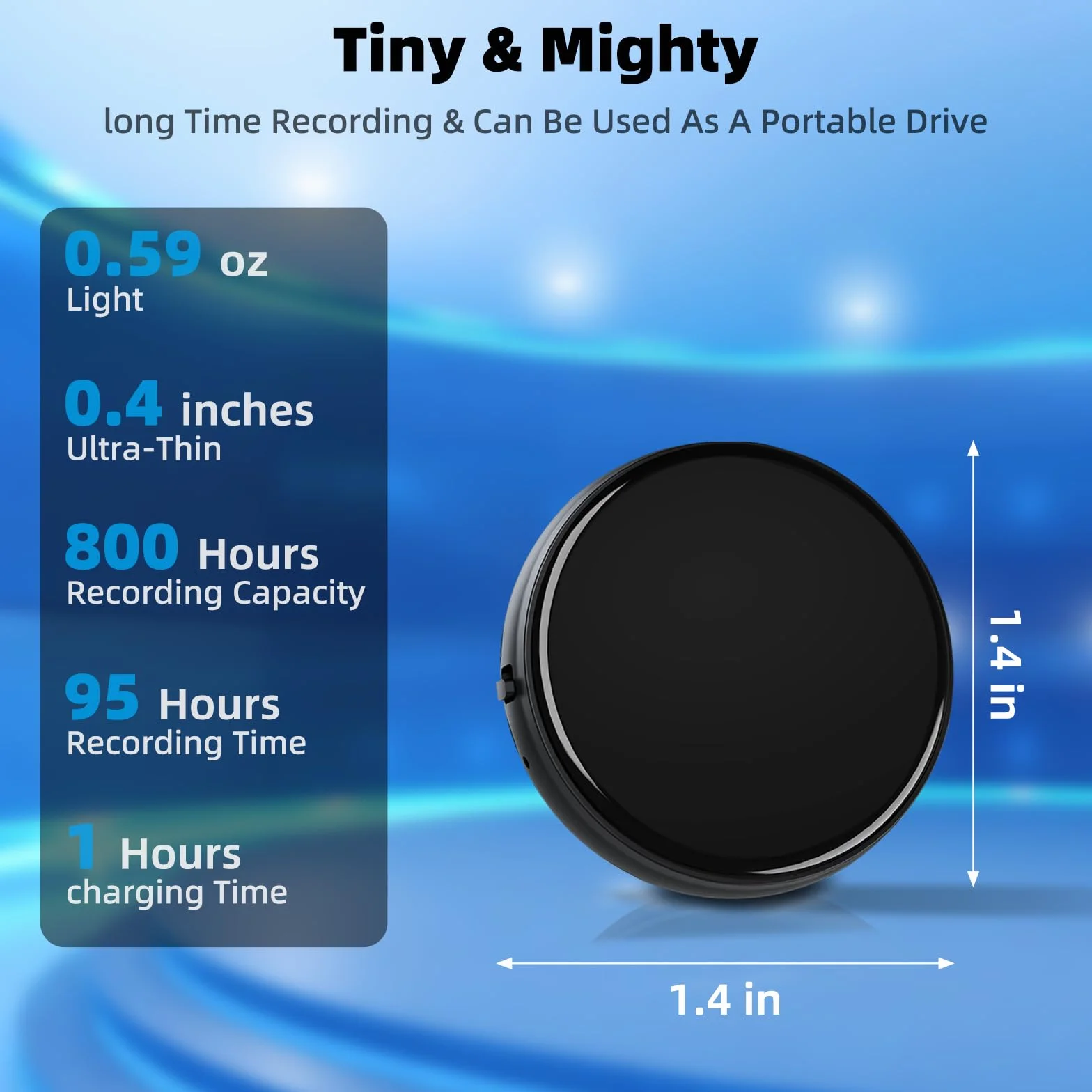 Hinne Mini dyktafon 64 GB, aktywacja głosem, nagrywanie ciągłe 800 godzin, interfejs audio 3,5 mm