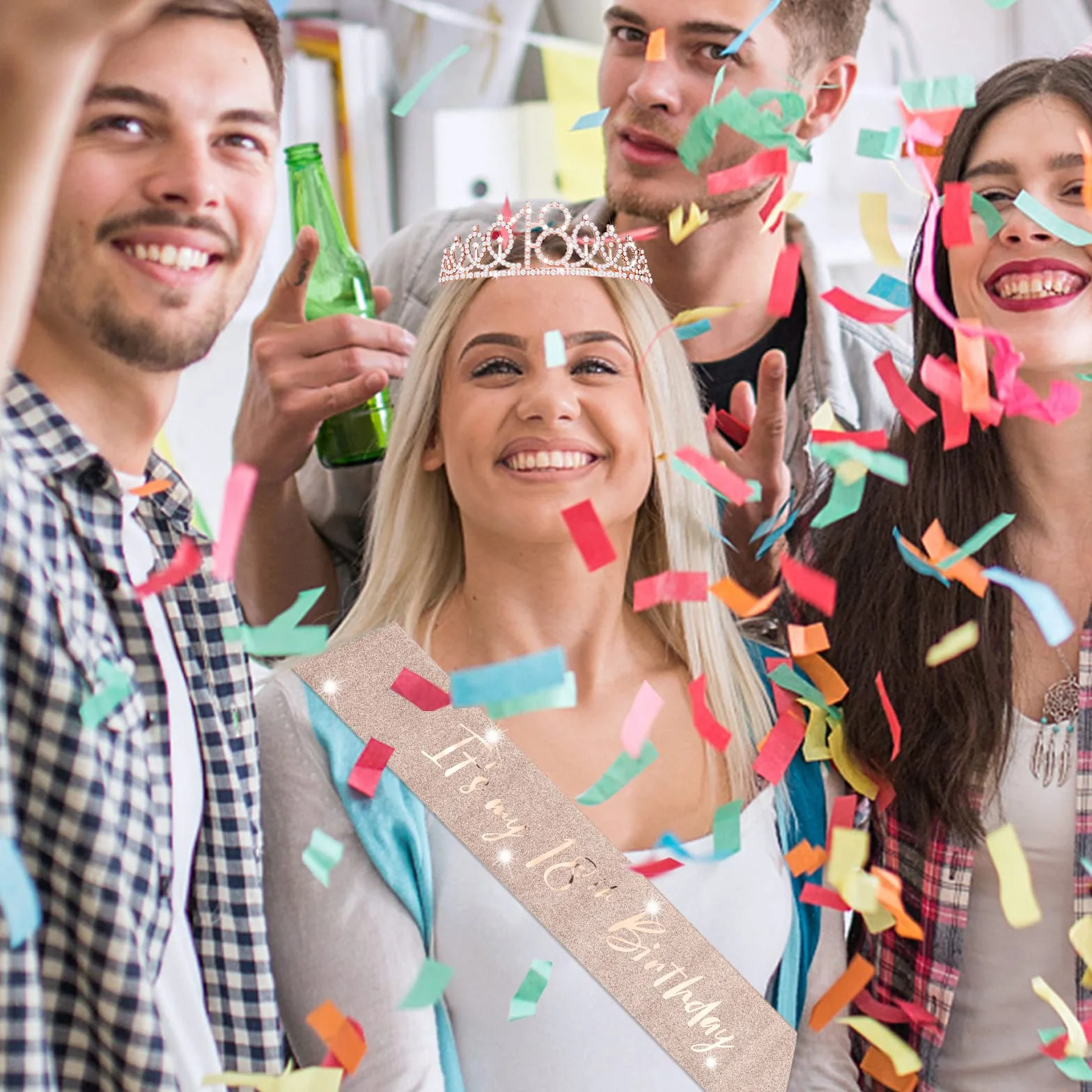 Abeillo 'It's My 18th Birthday' szarfa i tiara zestaw dla dziewcząt - korona w kolorze różowego złota i bajeczna dekoracyjna satynowa szarfa - artykuły imprezowe i prezenty