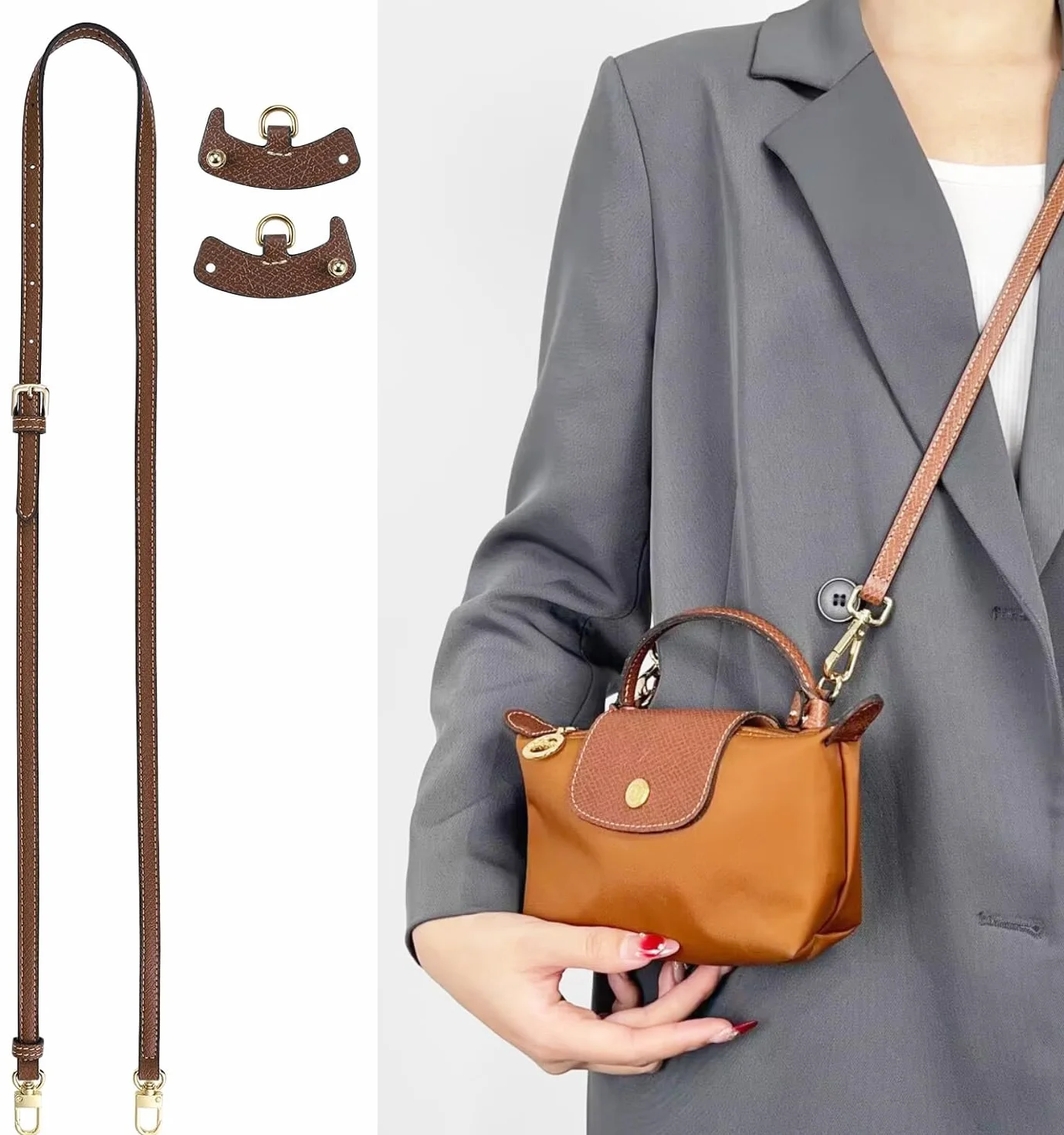 Zocipro Mini Pasek do Torebki Longchamp - Regulowany Skórzany Pasek Crossbody, Bez Dziurkowania, Zapasowy Pasek na Ramię (Brązowy), Uniwersalny Rozmiar