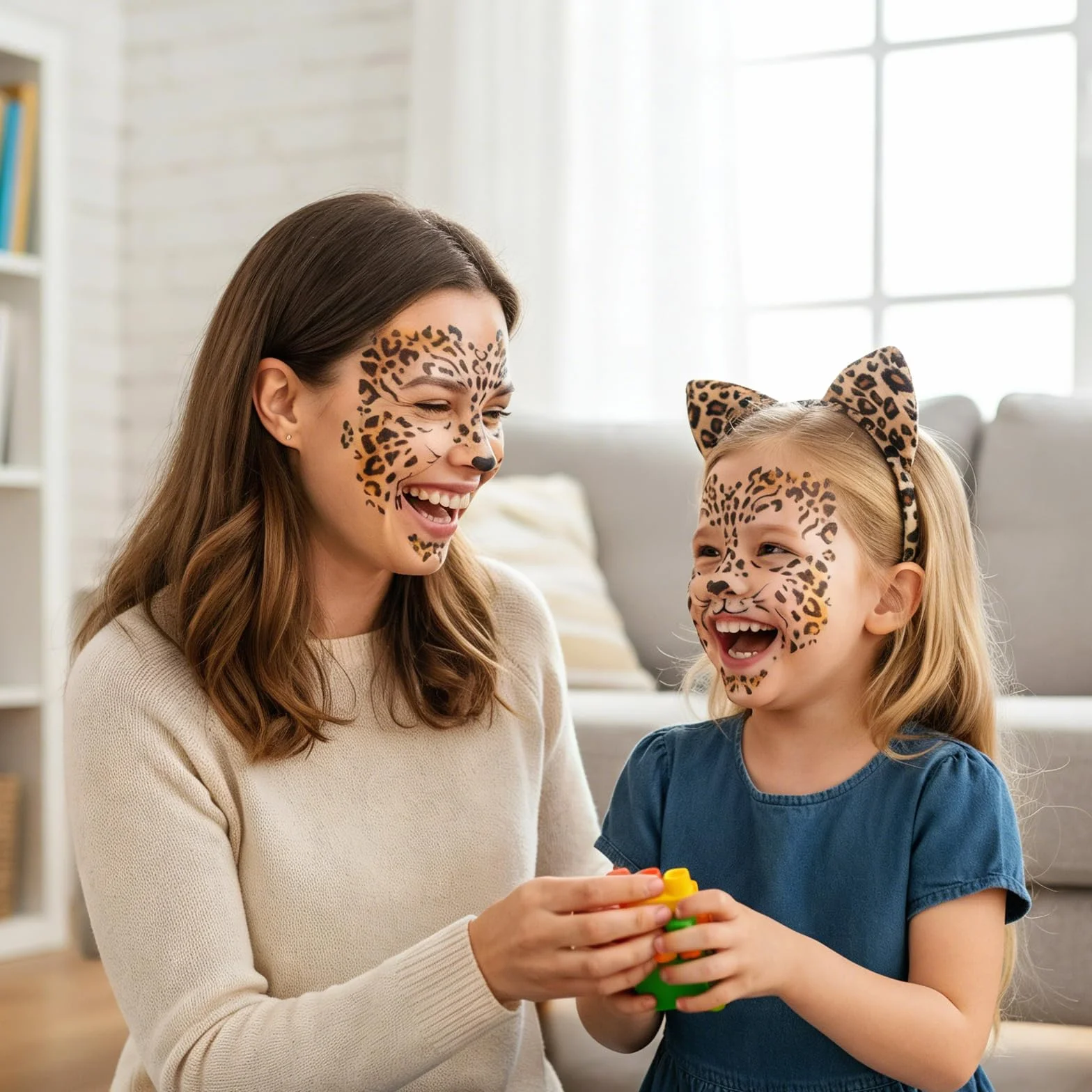 Zestaw kostiumowy lamparta, opaska na włosy z kocimi uszami i tatuażami na twarz, wzór panterki, rozmiar uniwersalny, na karnawał, Halloween, imprezy kostiumowe