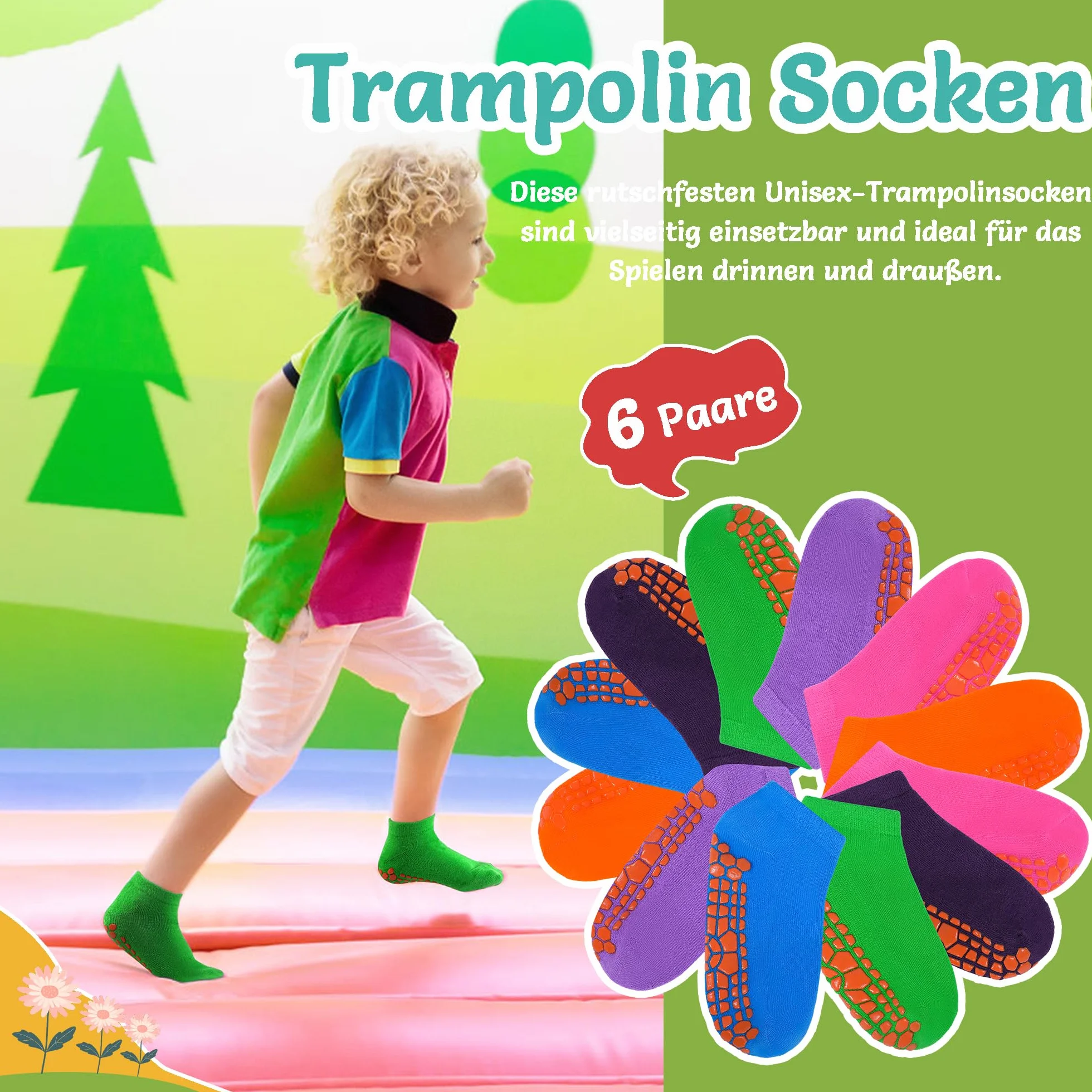 HYCLES Dziecięce skarpety do trampoliny, antypoślizgowe, 6 par, skarpety treningowe dla chłopców i dziewczynek, 2-13 lat
