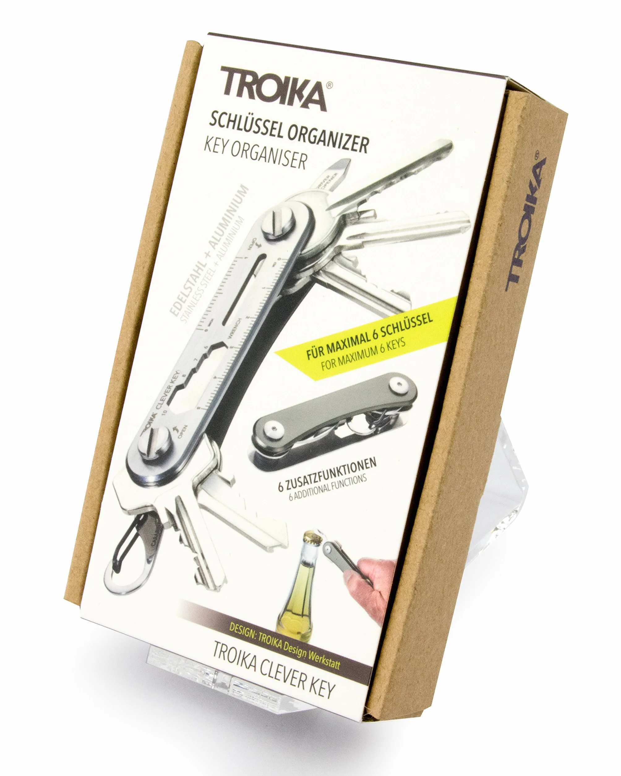 TROIKA CLEVER KEY KCL81/TI – organizer na maks. 6 kluczy – organizer na klucze, kompaktowy pęk kluczy – 6 dodatkowych funkcji – otwieracz do butelek – karabińczyk – oryginalny, srebrny tytan, 10 cm, brelok