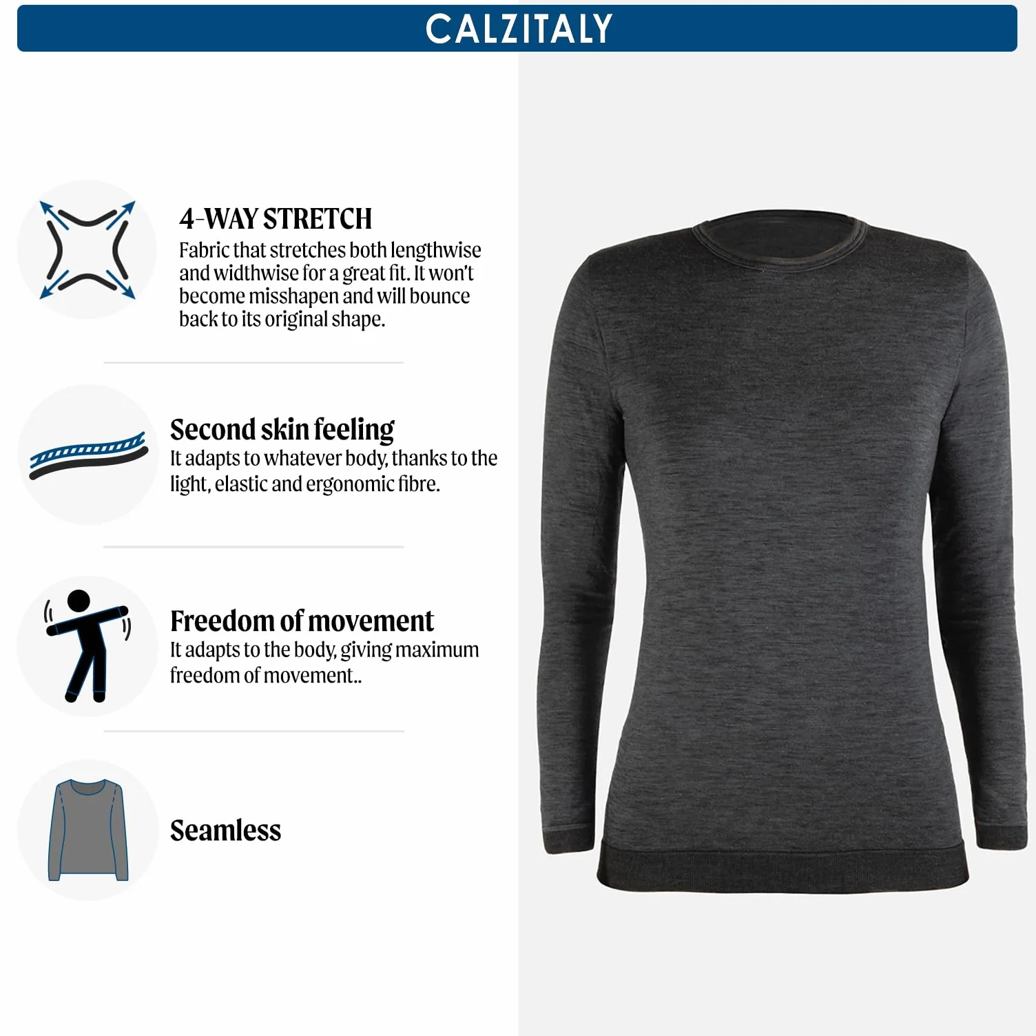 CALZITALY Koszulka termiczna unisex, koszulka z długim rękawem z wełny merynosów, bielizna termiczna dla mężczyzn i kobiet, jazda na nartach, turystyka, trekking | Wyprodukowano we Włoszech