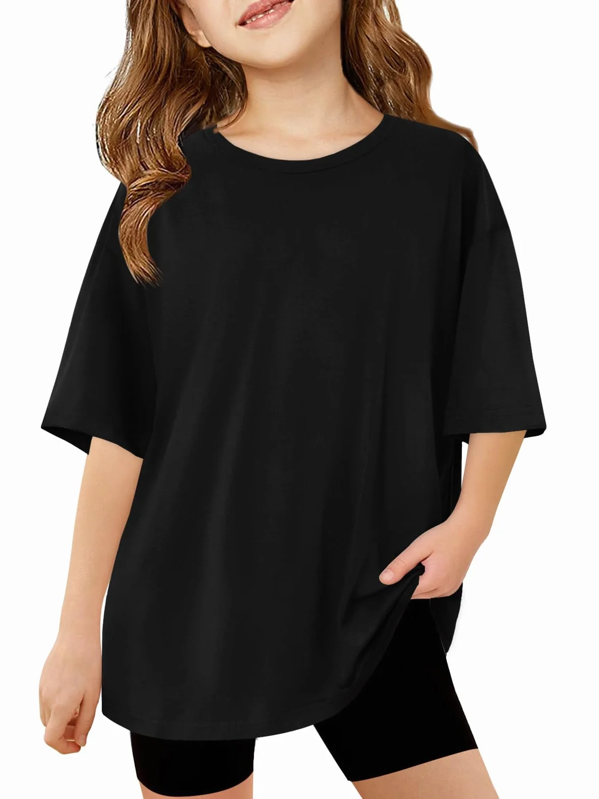 Haloumoning T-shirty dziewczęce, okrągły dekolt, krótki rękaw, jednokolorowe, na co dzień, na lato, oversize, swobodne topy basic