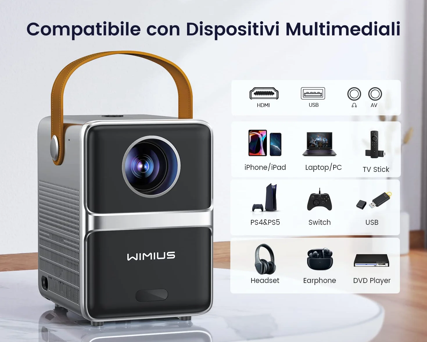 Krótki strzał. Przenośny mini projektor WiFi Bluetooth 18000 lumenów, mini projektor WiMiUS obsługuje projektor wideo Full HD 5G WiFi do kina domowego, iOS/Android/Loptop/USB/PS5/AV