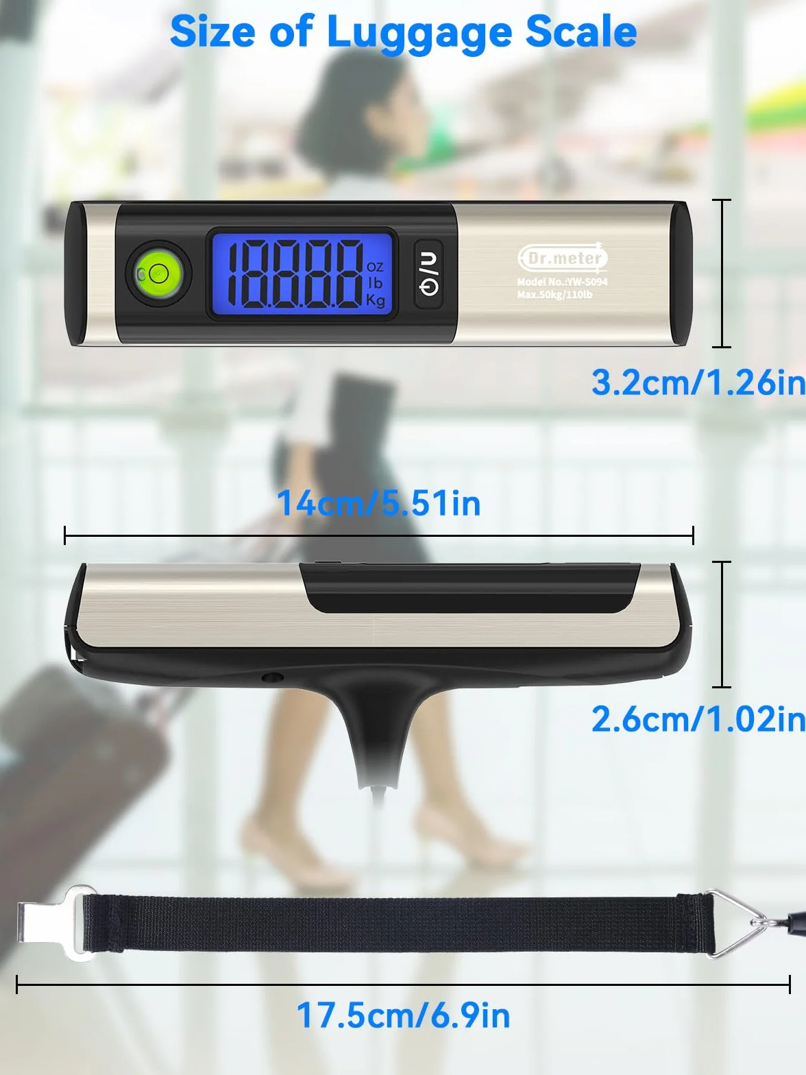 Dr.meter Waga podróżna z taśmą mierniczą, praktyczna cyfrowa waga bagażowa z hakiem (50 kg/110 lb) z wyświetlaczem LCD i ramieniem przeciążeniowym. Zintegrowana taśma miernicza do podróży wraz z