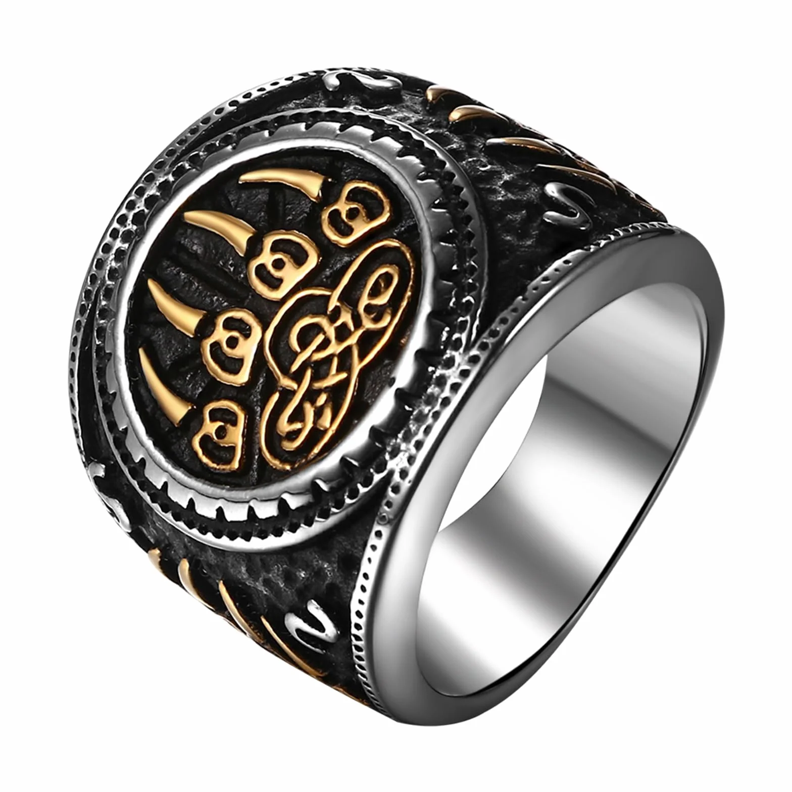 JewelryWe Pierścionek męski z pazurem niedźwiedzia Wikingów: Vintage stal szlachetna męski pierścionek nordycki miś pazur, celtycki węzeł pieczęć pierścienie na palec pierścienie na palec pierścionek