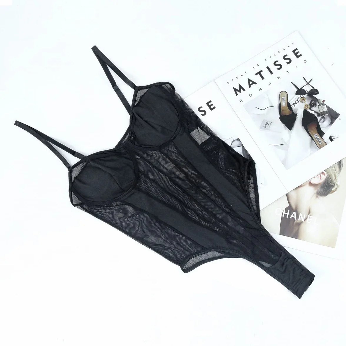 Body damskie seksowne Sheer Mesh Bodysuit przezroczyste ramiączka spaghetti bez rękawów, body z odkrytymi plecami, elastyczny kombinezon z siateczki, elegancki wąski top