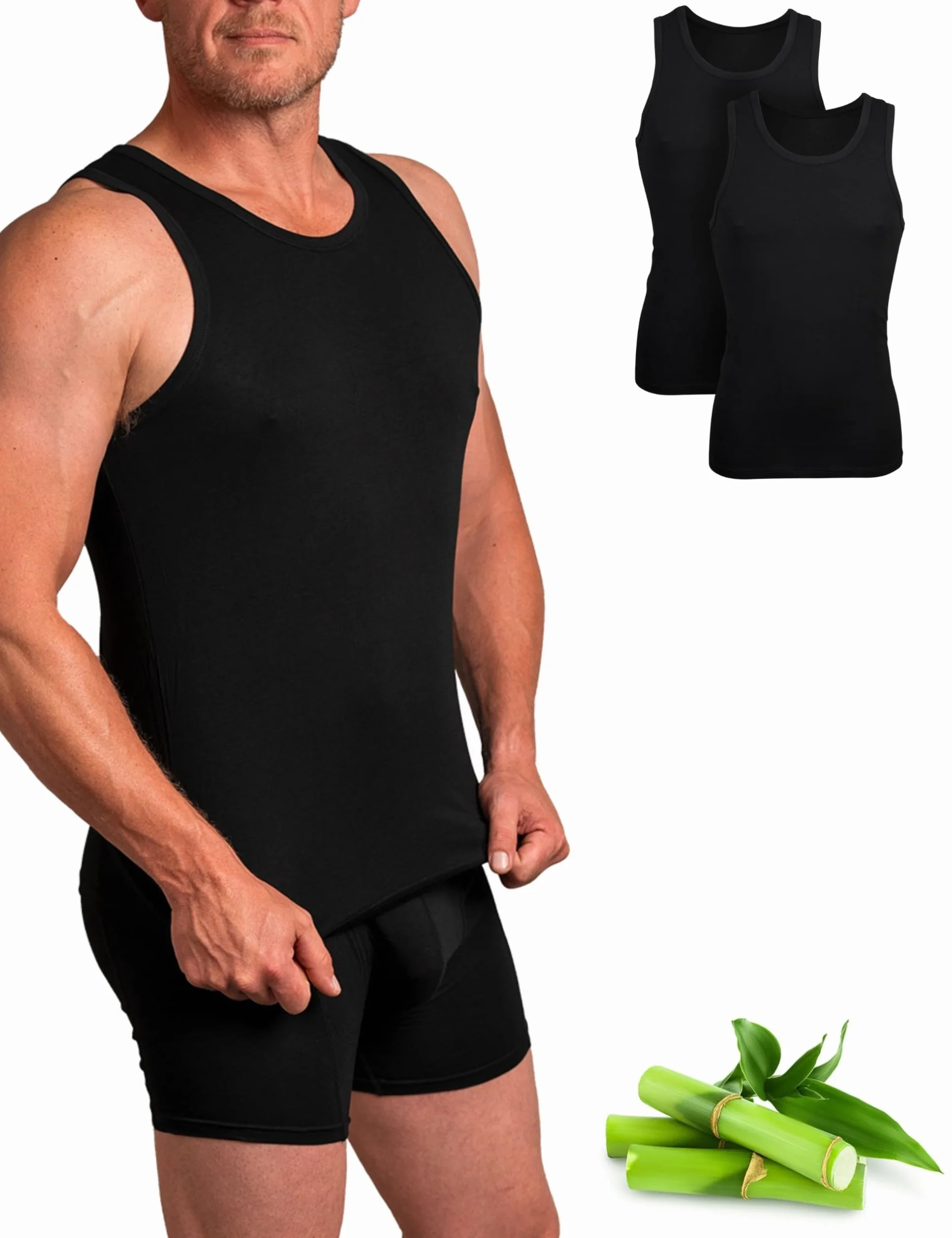 Basic Treasure 2-pak podkoszulek męski, tank top męski, bardzo miękki bambus bawełna, podkoszulki męskie czarne lub białe, czarny, L