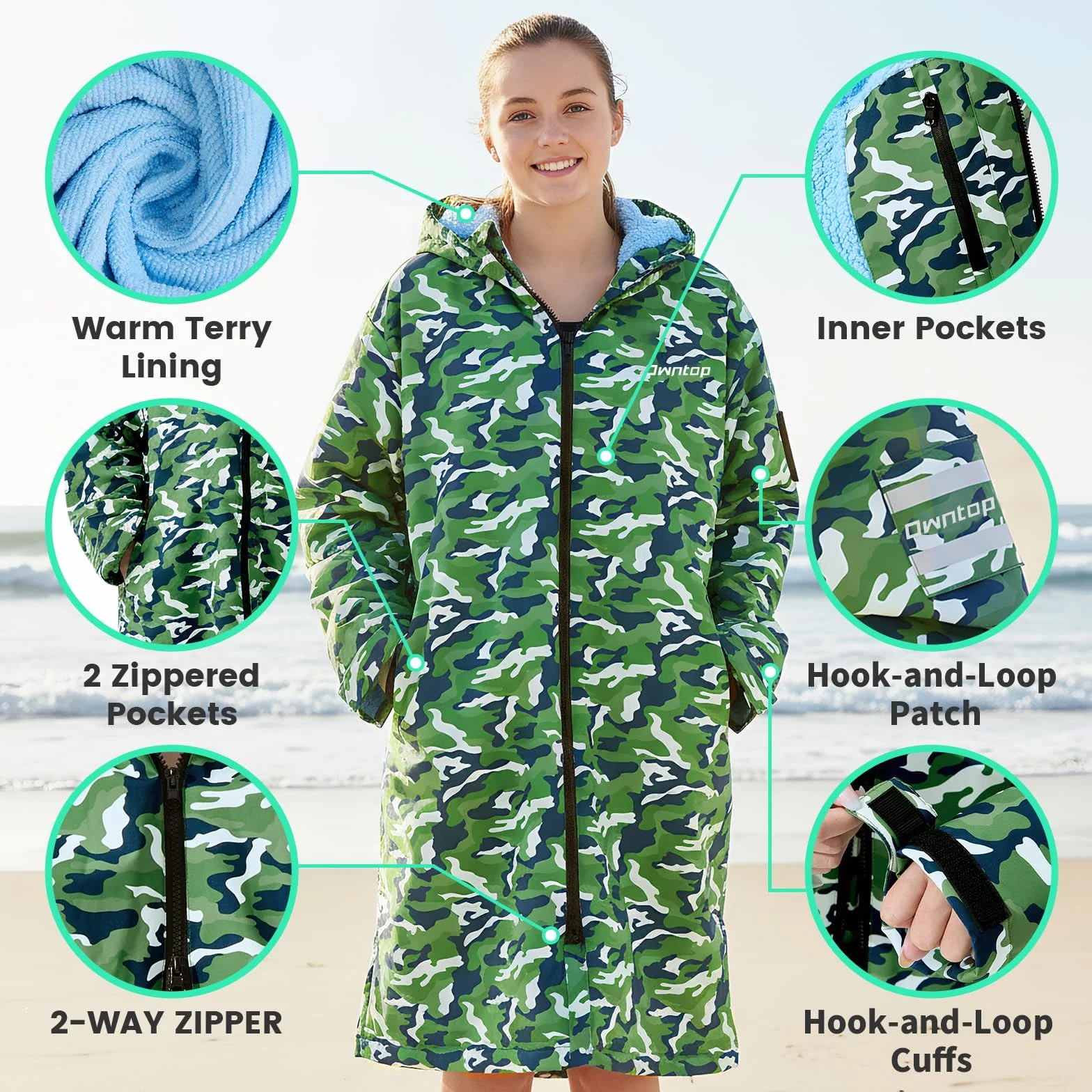 Owntop Parka do pływania dla dzieci i dorosłych, wodoodporna i podszewka sherpa, naszywka na ramię z rzepem, ponadwymiarowe, ponczo surfingowe z kapturem, szlafrok