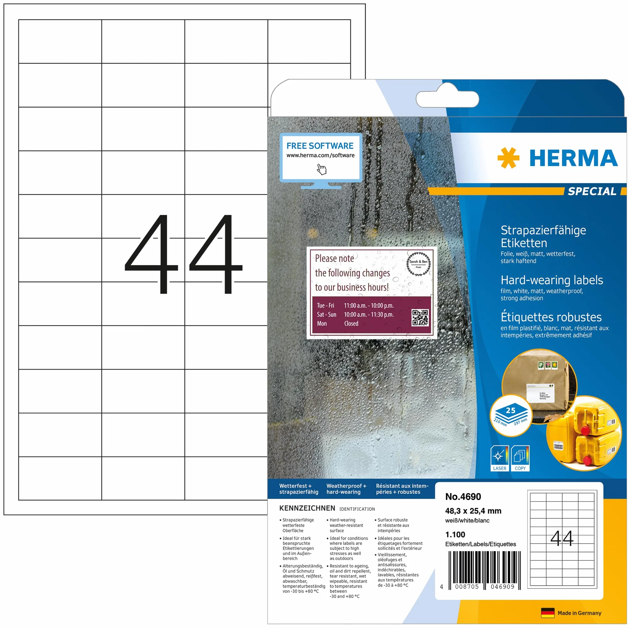 HERMA samoprzylepne wytrzymałe odporne na warunki atmosferyczne etykiety foliowe, 44 etykiety na arkusz A4, 1100 etykiet do drukarek laserowych, 48,3 x 25,4 mm (4690)