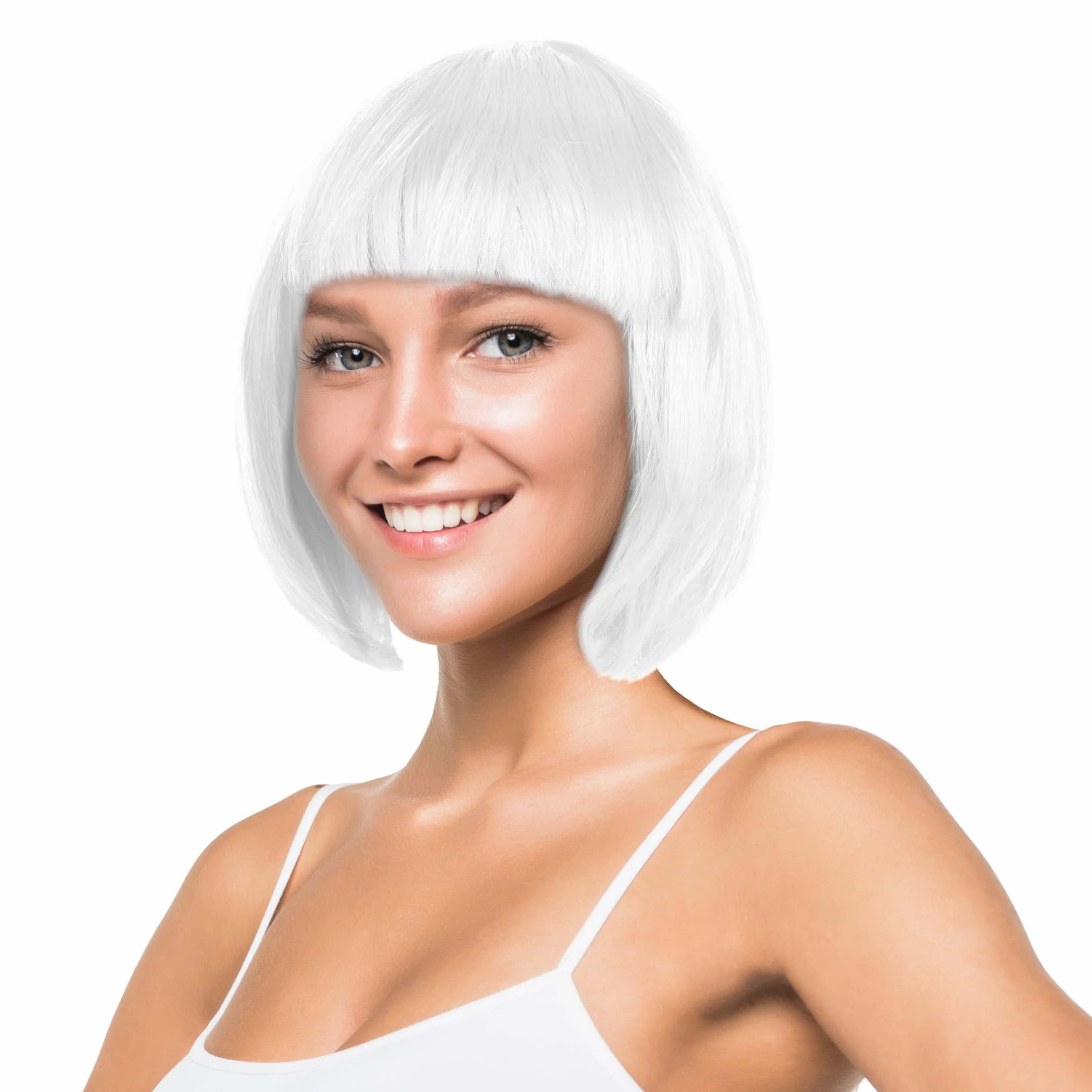 Peruka bob z grzywką, krótka peruka na karnawał, imprezy tematyczne, damska peruka Charleston w stylu lat 20. XX wieku, biała