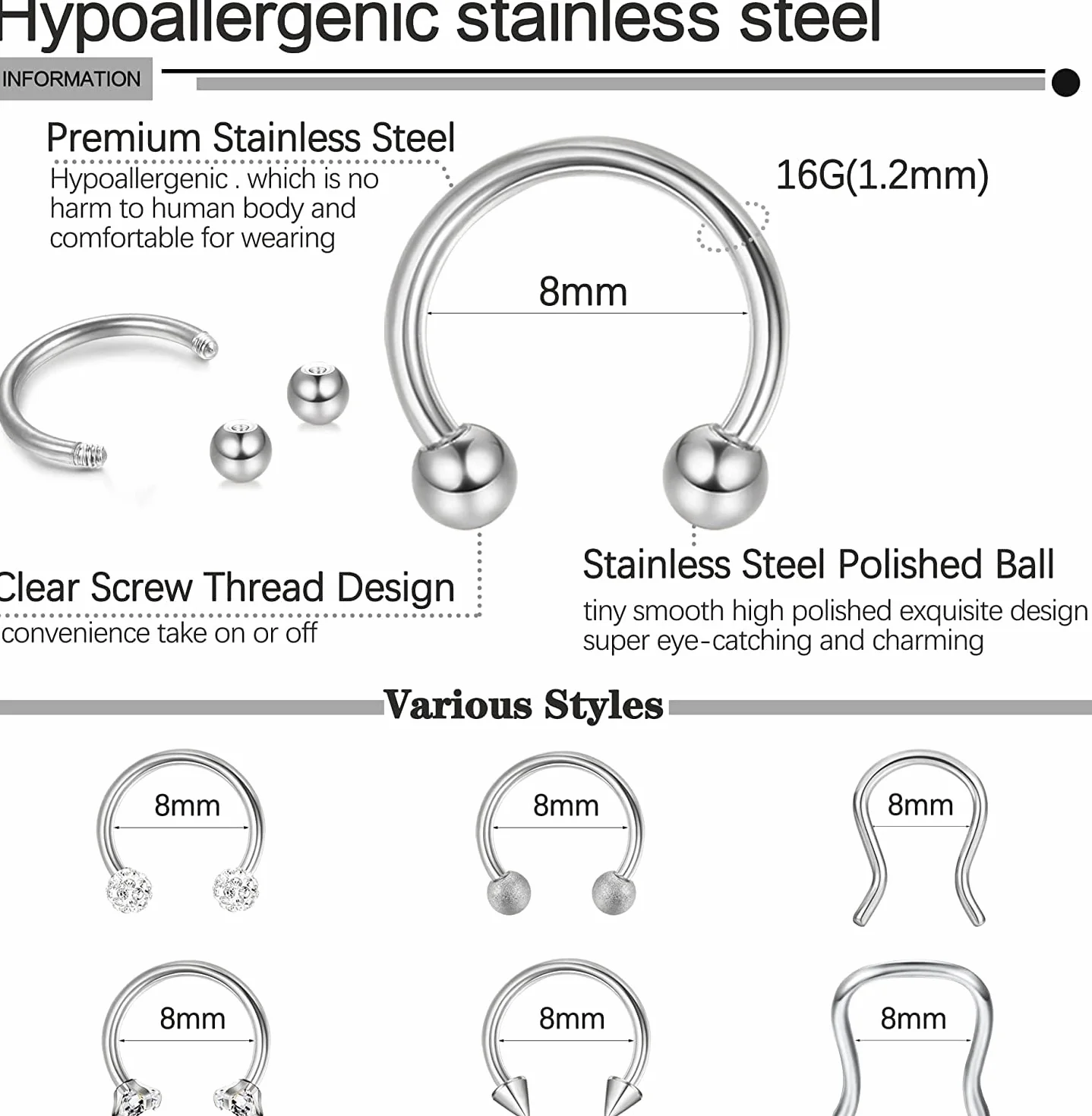 Adramata 16 sztuk kolczyków do piercingu przegrody nosowej typu septum, 16 g, kolczyk typu podkowa, stal nierdzewna, kolczyki do nosa, Hoop CZ (chrząstka, helix, tragus, septum, clicker, piercing 8