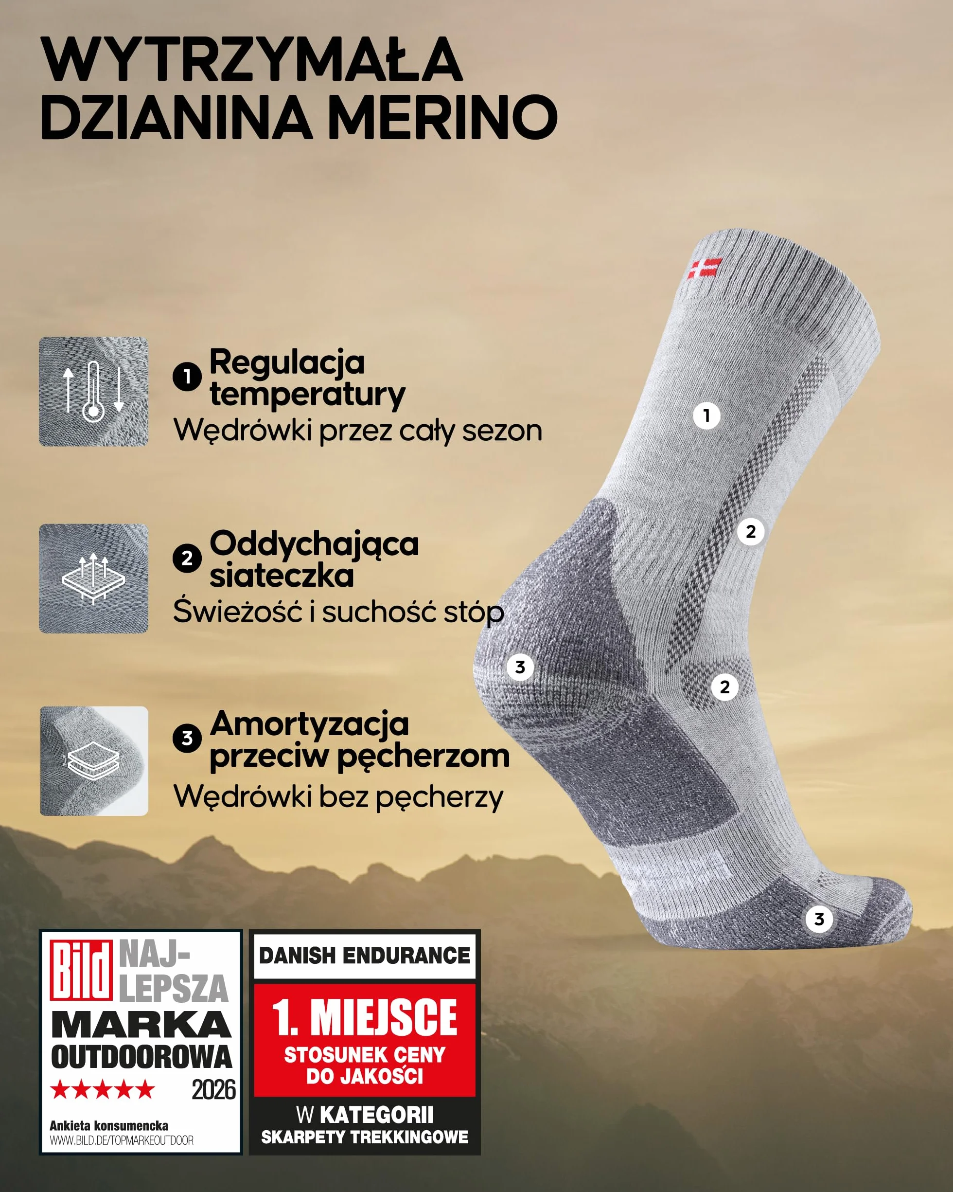 DANISH ENDURANCE Skarpety Trekkingowe z Wełny Merino z Amortyzacją, Oddychające, Przeciw Pęcherzom, dla Mężczyzn i Kobiet, Unisex, 3 lub 5-Pak